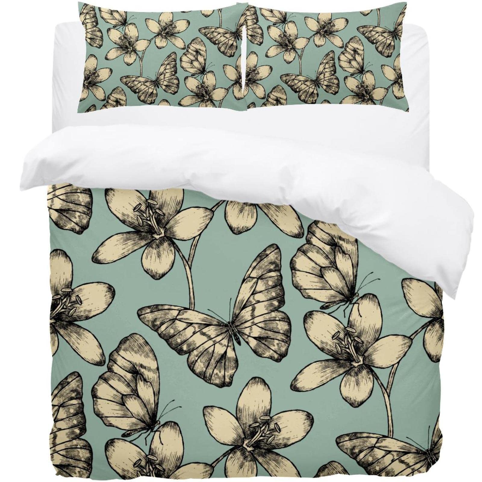 Housse de couette douce lit simple verte motif papillons anti-plis