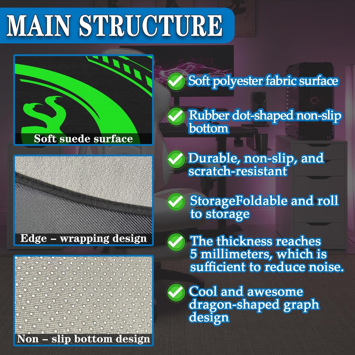 Gaming Chair Mat for Low - Pile Carpets and Hardwood Floors, 47 - inch Round Floor Mat, Suitable for Rolling Chairs in Game Rooms, Bedrooms, Living Rooms and Offices