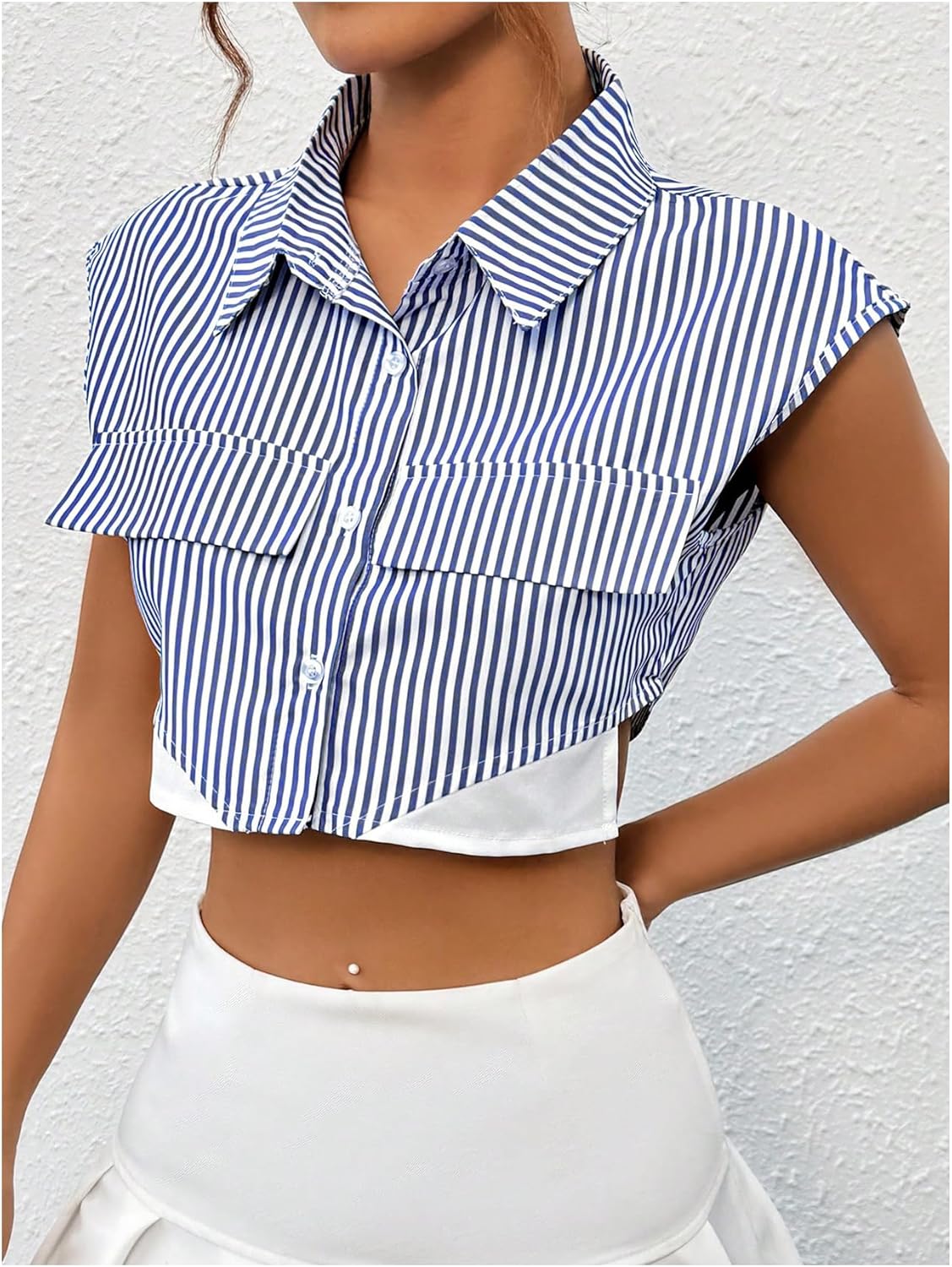 SweatyRocks Women's Striped Print Button Up Blouse Cap Sleeve Collar V Neck Cropped Shirt Top with Pockets - Image 3