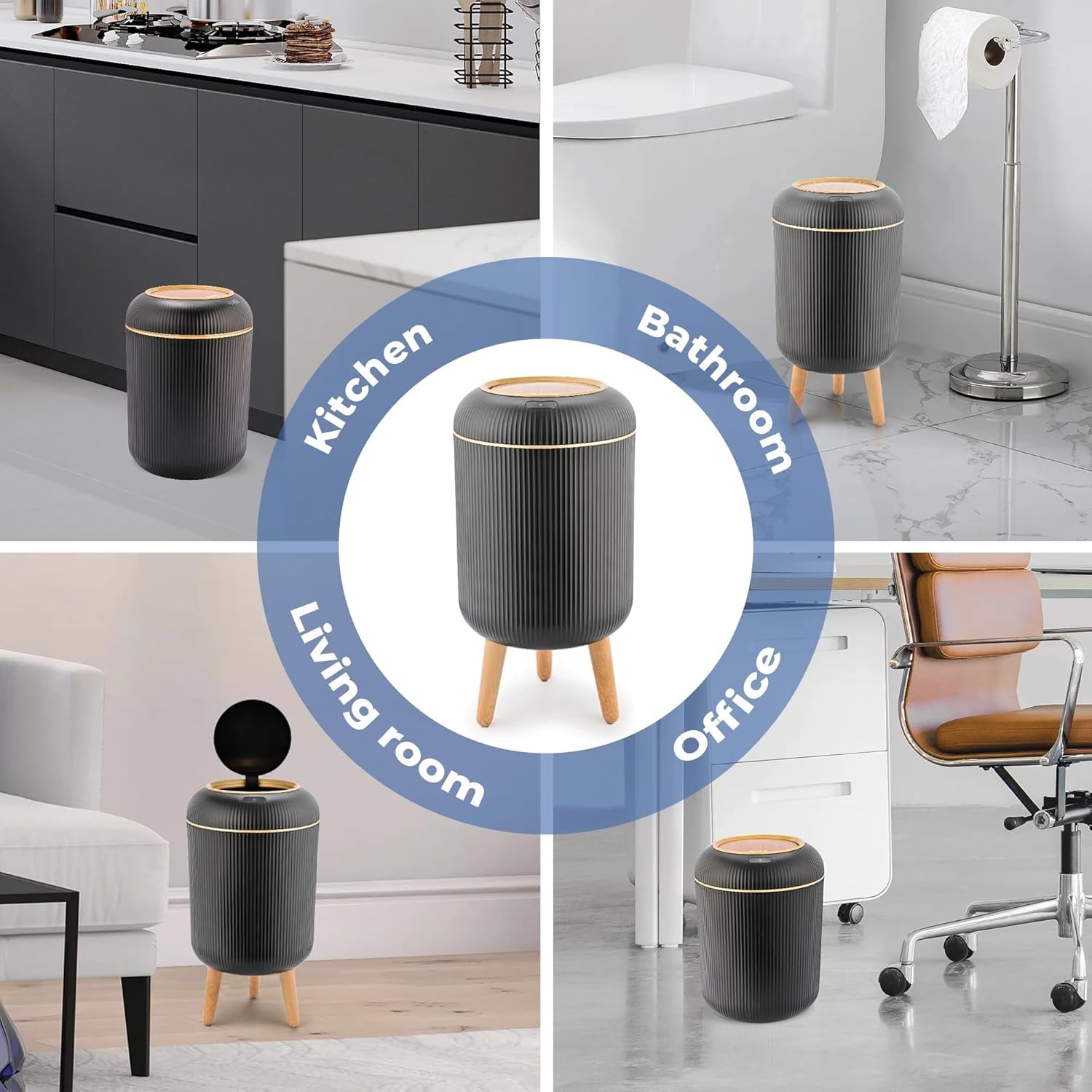 2.6 Gallon Touchless Motion Sensor Trash Can with Wooden Legs, Automatic Lid Smart Waste Bin for Bathroom Kitchen Office, Waterproof Plastic, Gray