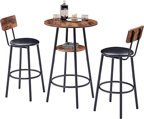 Dolonm Juego de taburetes de bar redondos de 24 pulgadas, mesa de bar con estante, taburete de cuero sintético con respaldo de madera, mesa de bar y