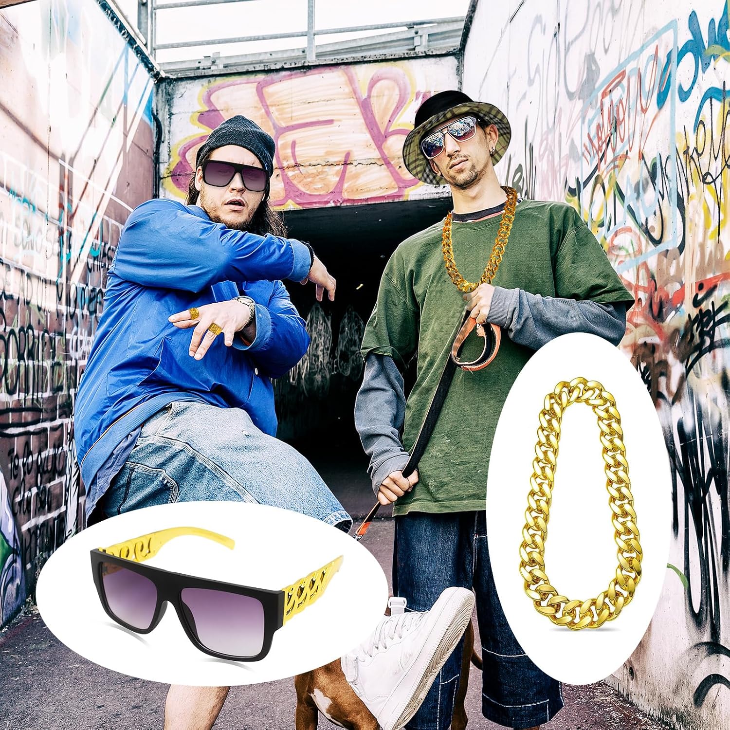 Boonbery Hip Hop Costume Kit 80s 90s Rapper Accessories, Outfits for Men Women Cosplay Club Old School Themed Party Supplies
