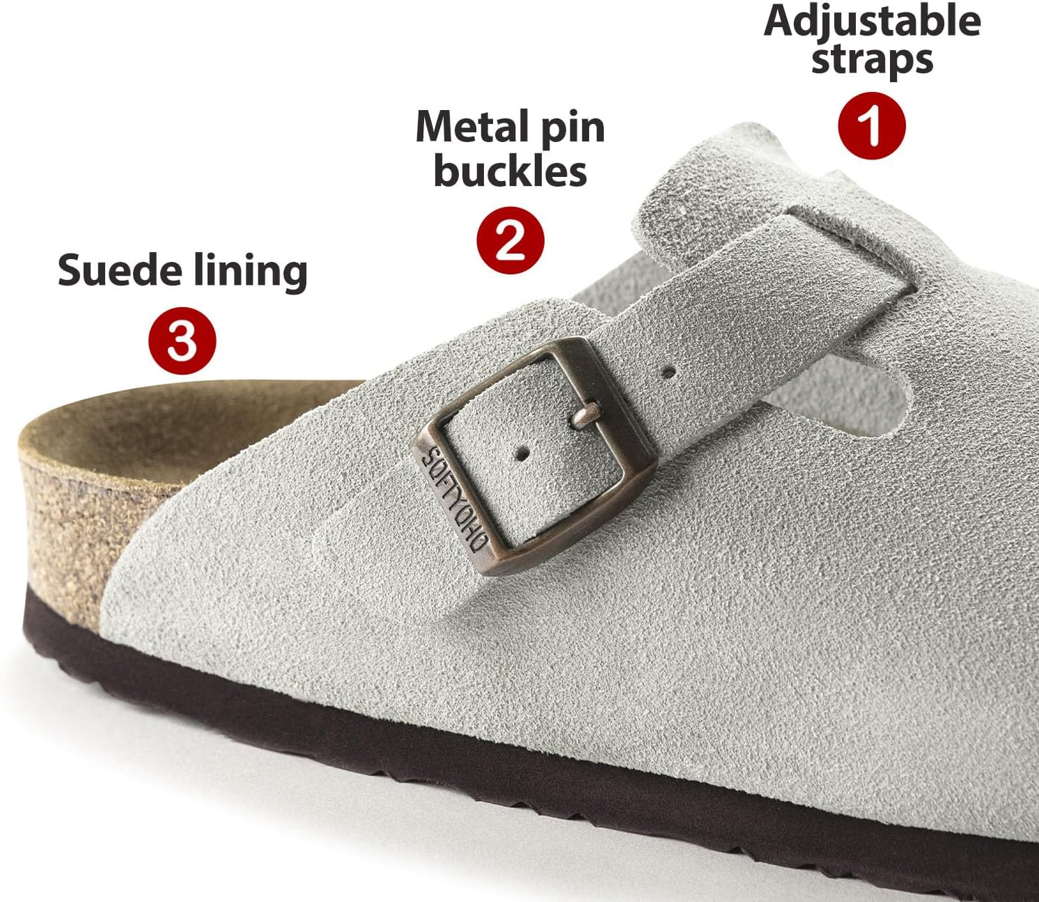 SOFTYOHO Clogs for Women Men, Mules with Arch Support and Adjustable Buckle, Suede Leather Cork Footbed Potato Shoes