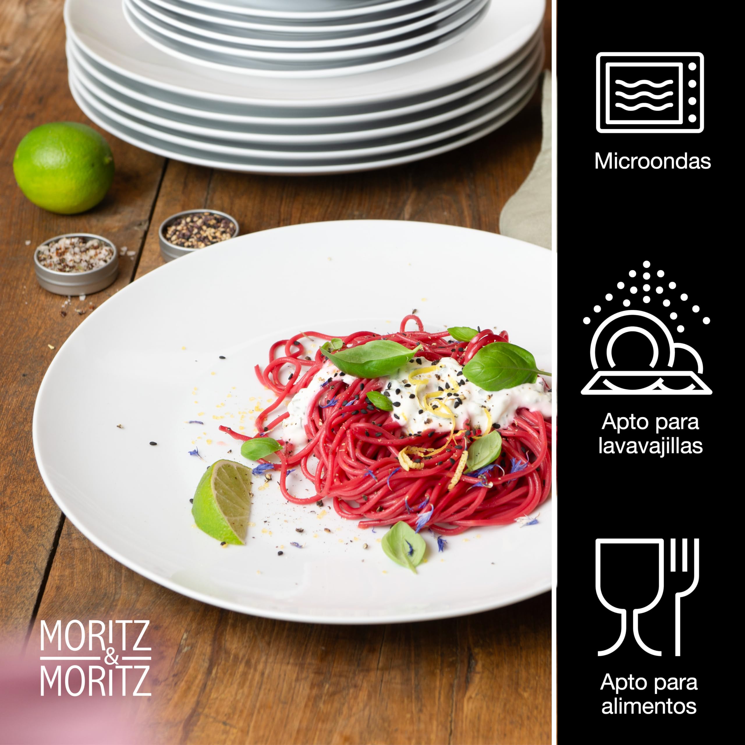 Moritz & Moritz BASIC Set da 18 pezzi - de Porcelana en Blanco Clásico - Compuesta por 6 Platos Llanos, 6 Platos de Postre y 6 Cuencos