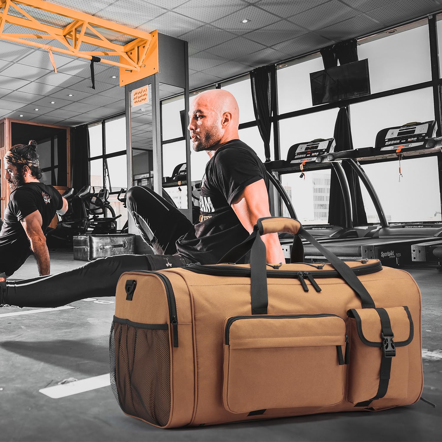 Duża torba sportowa na siłownię 70 l męski plecak na siłownię torba podróżna z paskami plecaka, Khaki, 64 cm x 35 cm x 35 cm, Sport, siłownia, trening, fitness, podróże, kemping, piesze