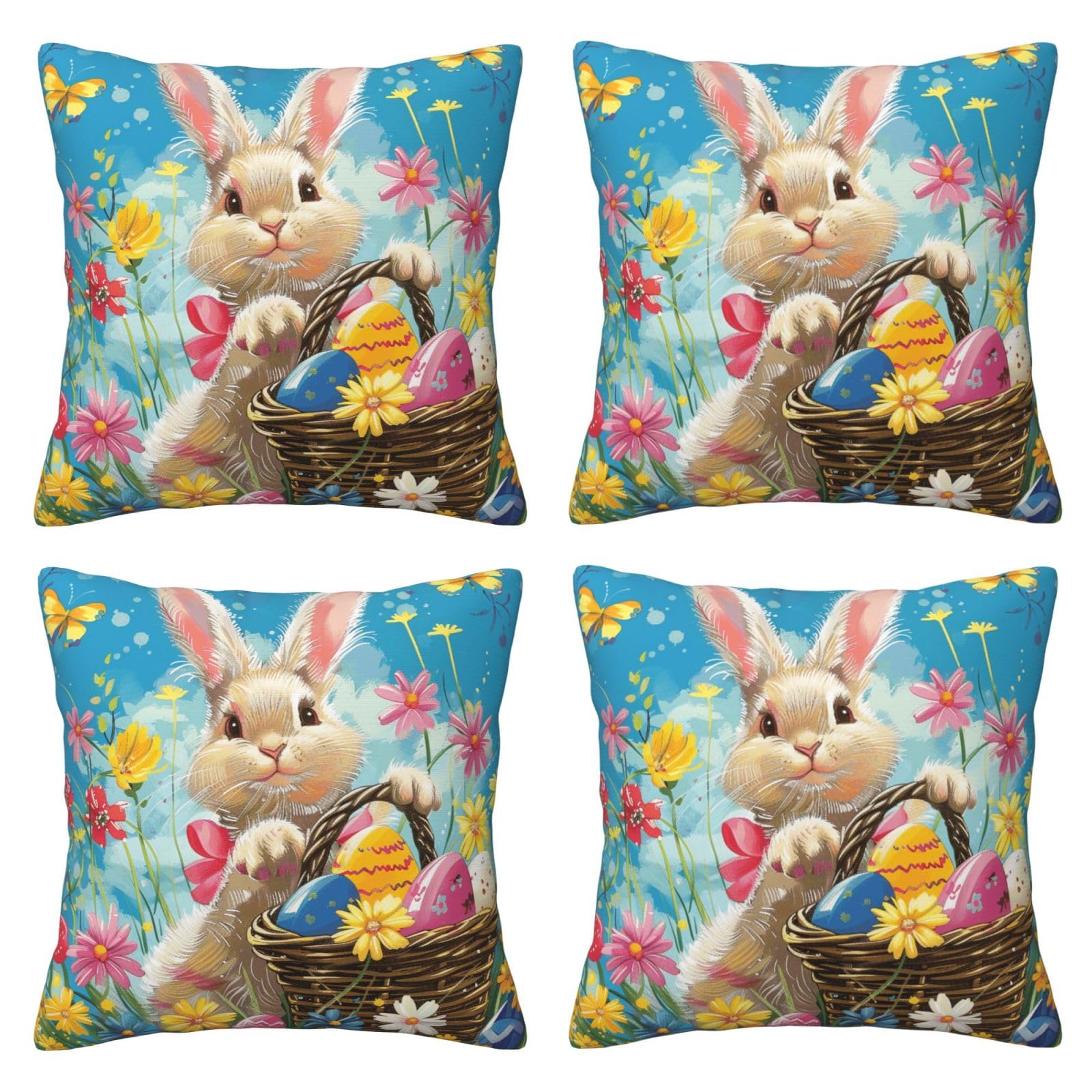 Spring Happy Festival Holiday Throw Pillow Cases 4 Pack Square Pillowcases Super Soft Pillow Protectors With Zipper for Couch Livingroom Sofa Bed Office Car,30x30 CM