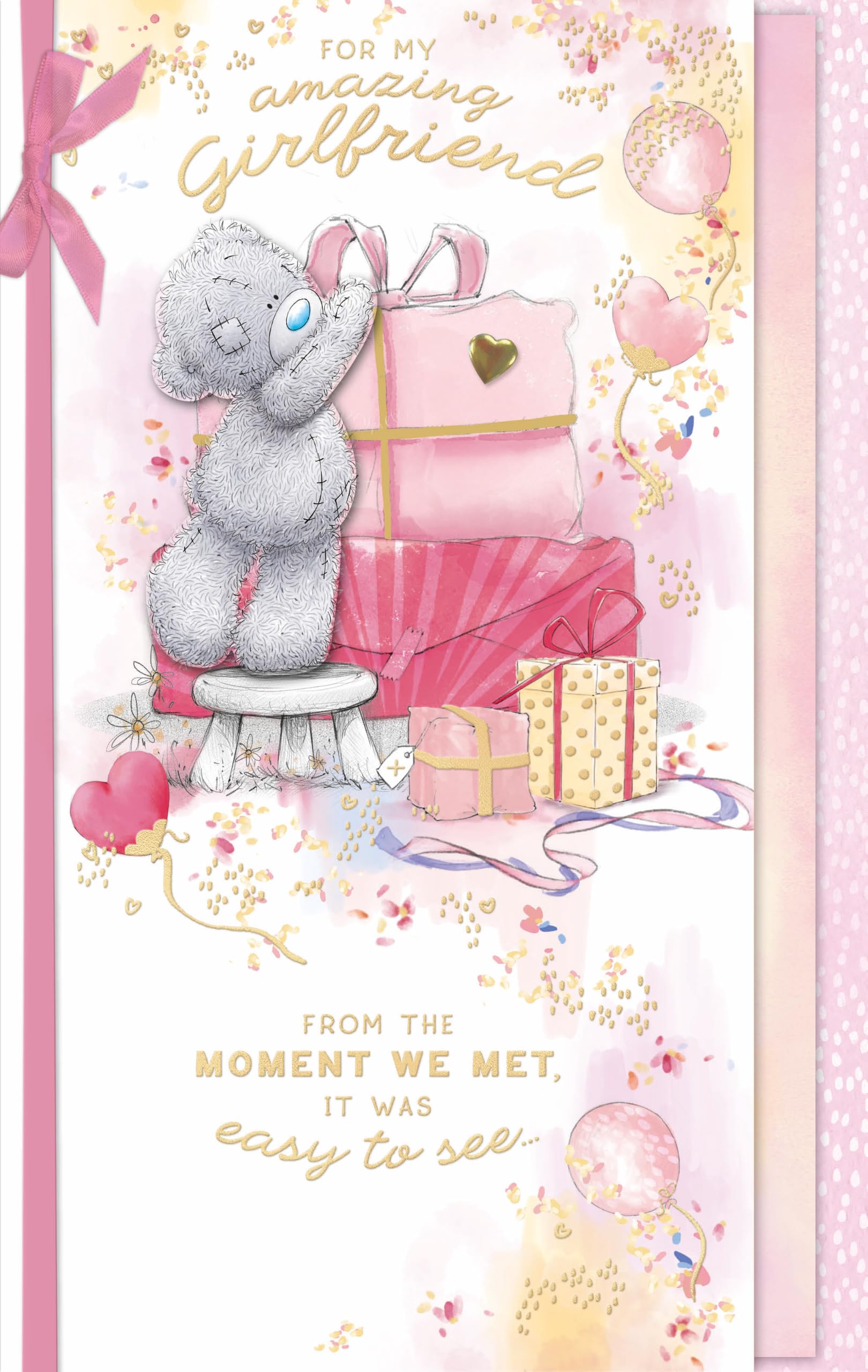 Me to You Tatty Teddy 'For My Amazing Girlfriend' Luxury Gold Foil Hand Finished Birthday Day Card With Bow, 7 X 11 Inches - Official Collection