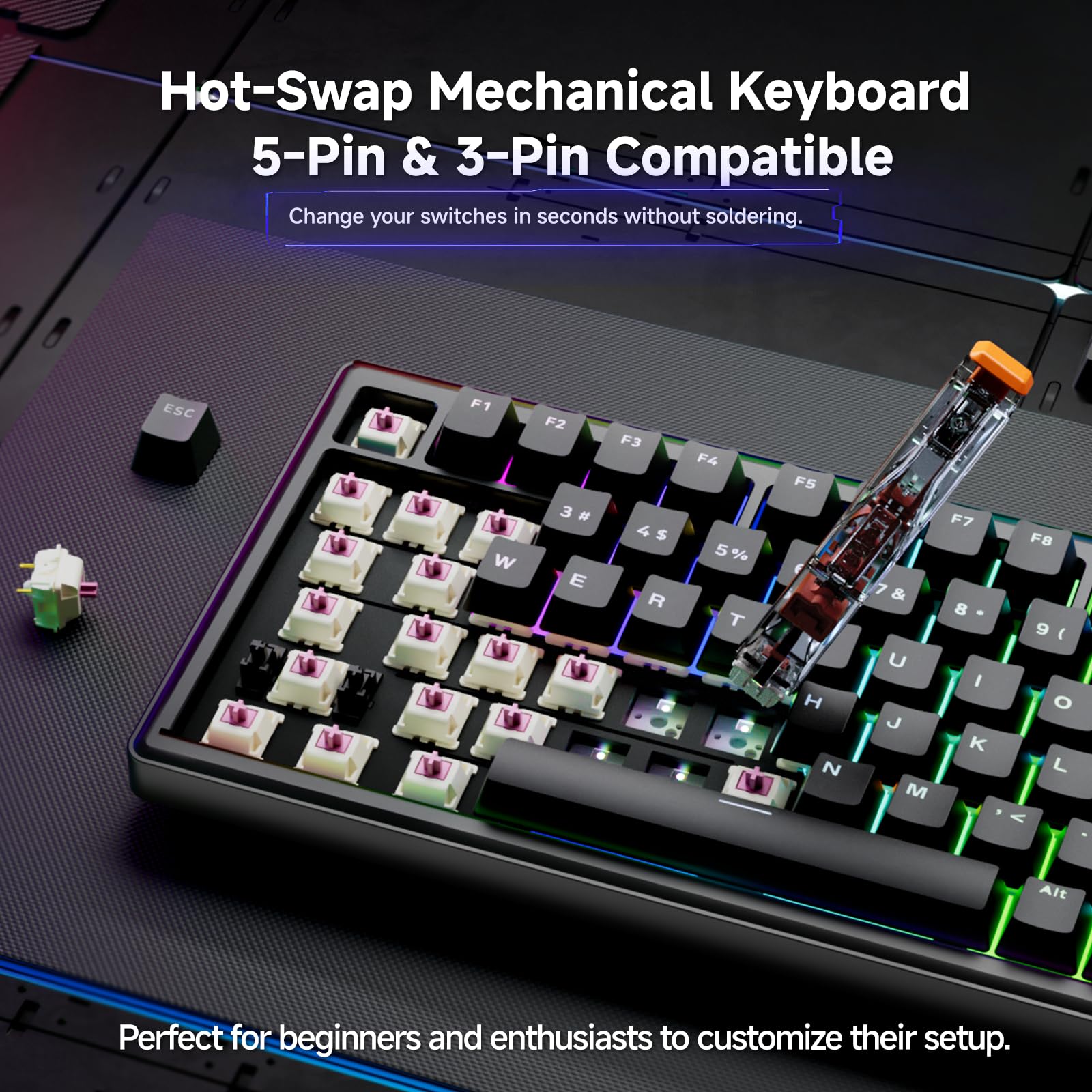 TMKB T81E Mechaniczna Klawiatura Gamingowa z Kablem, Oświetlenie RGB, Gniazdo Hot-Swap Gasket Mount, Układ 75% US-QWERTY, Creamy Keyboard z Pre-Smarowanymi Switchami Liniowymi - Czarny