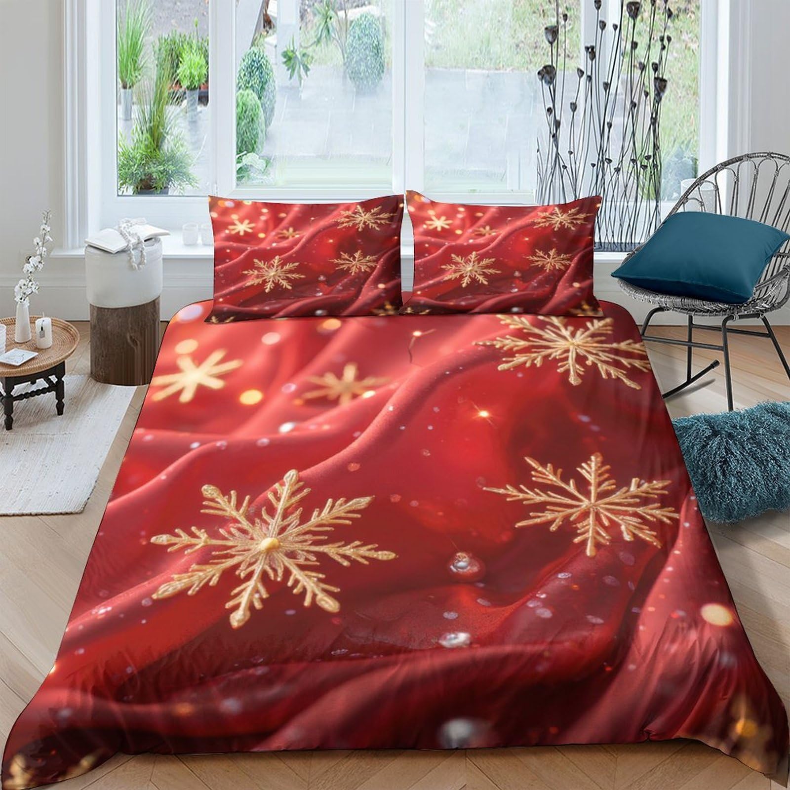 Ctjqhvkz Style-10 3D Printed Red Snowflake Fitted Sheet Microfiber Soft Slip-Resistant Bed Sheet For Bedroom Dorm Mattress Decor Single（135X200cm）