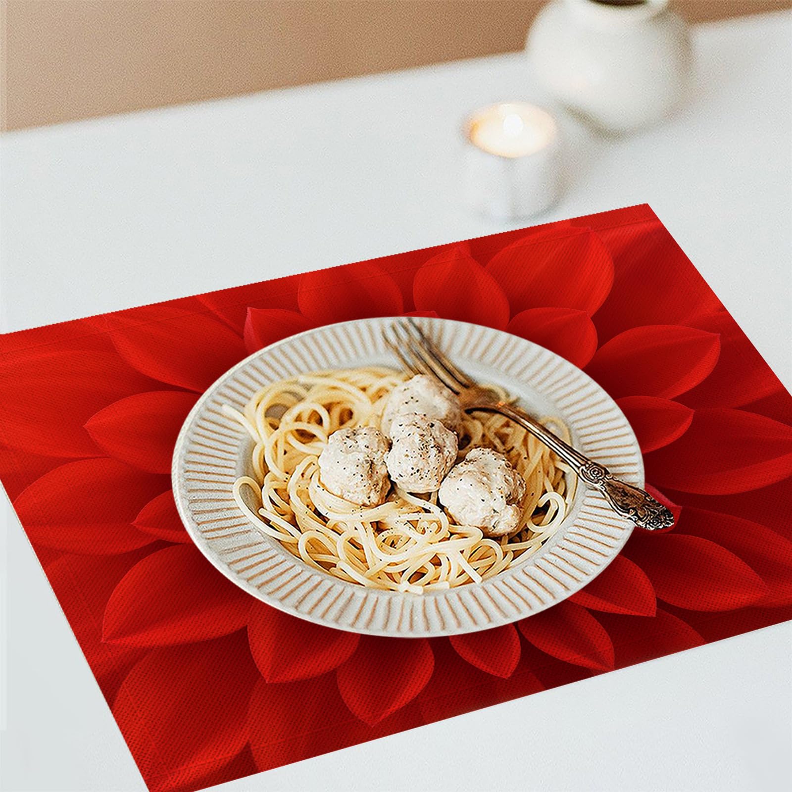 Set di 8 Tovagliette Americane Lavabili Cotone Lino Arte - Tovaglietta Americana Resistenti al Calore Durevole Petali di dalia rossa - per Colazione Pranzo 30×45 cm