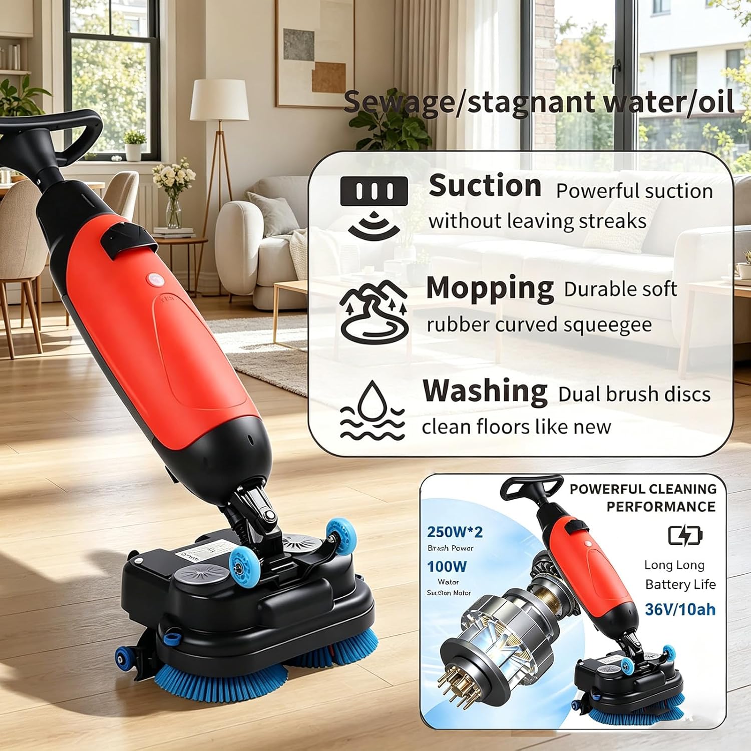 Commercial Self-Propelled Floor Scrubber Tile Polisher, 360° Rotating Cordless Carpet Extractor,43cm Dual-Brush Walk Behind Floor Scrubber Dryer, 36V Battery Red