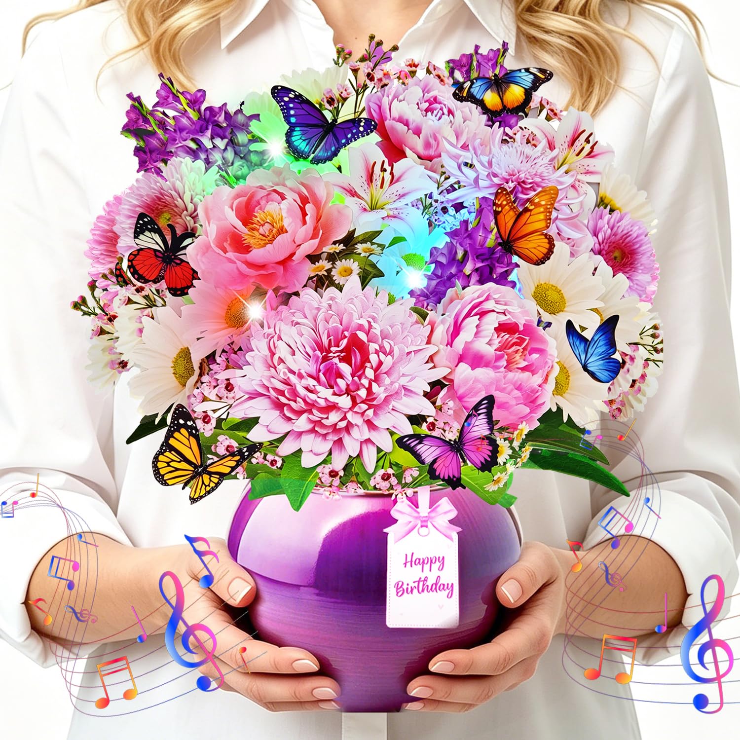 Flower Birthday Cards, 10.5 Inch Musical & Light-Up 3D Pop-Up Lavender ＆ Colorful Gerbera Butterfly Forever Bouquet, 3D Pop-Up Happy Birthday Greeting Card for Women, Mum, Wife, Sisters, Her