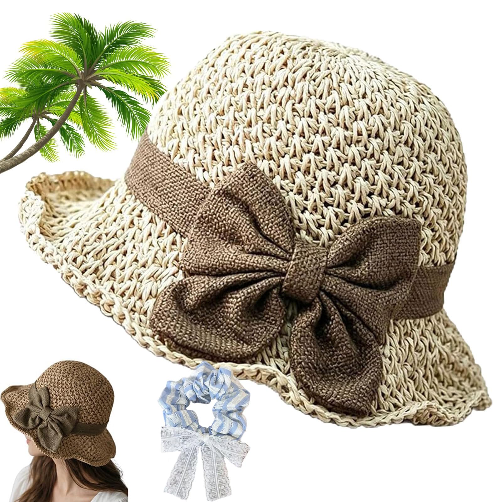 Gienslru Versatile Retro Woven Handmade Straw Hat with Ruffled Bow, Elegant Woven Straw Sun Hat, Straws Hats with Retro Bow, Uv Protection Ruffle Wide Brim Straws Bucket Hats (Beige)