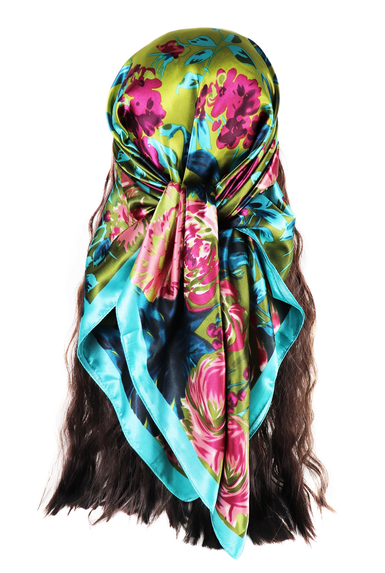 vabovin Women's 35" Satin Square Silk Like Hair Scarves and Wraps Headscarf for Sleeping (Green Pink Rose Flowers)