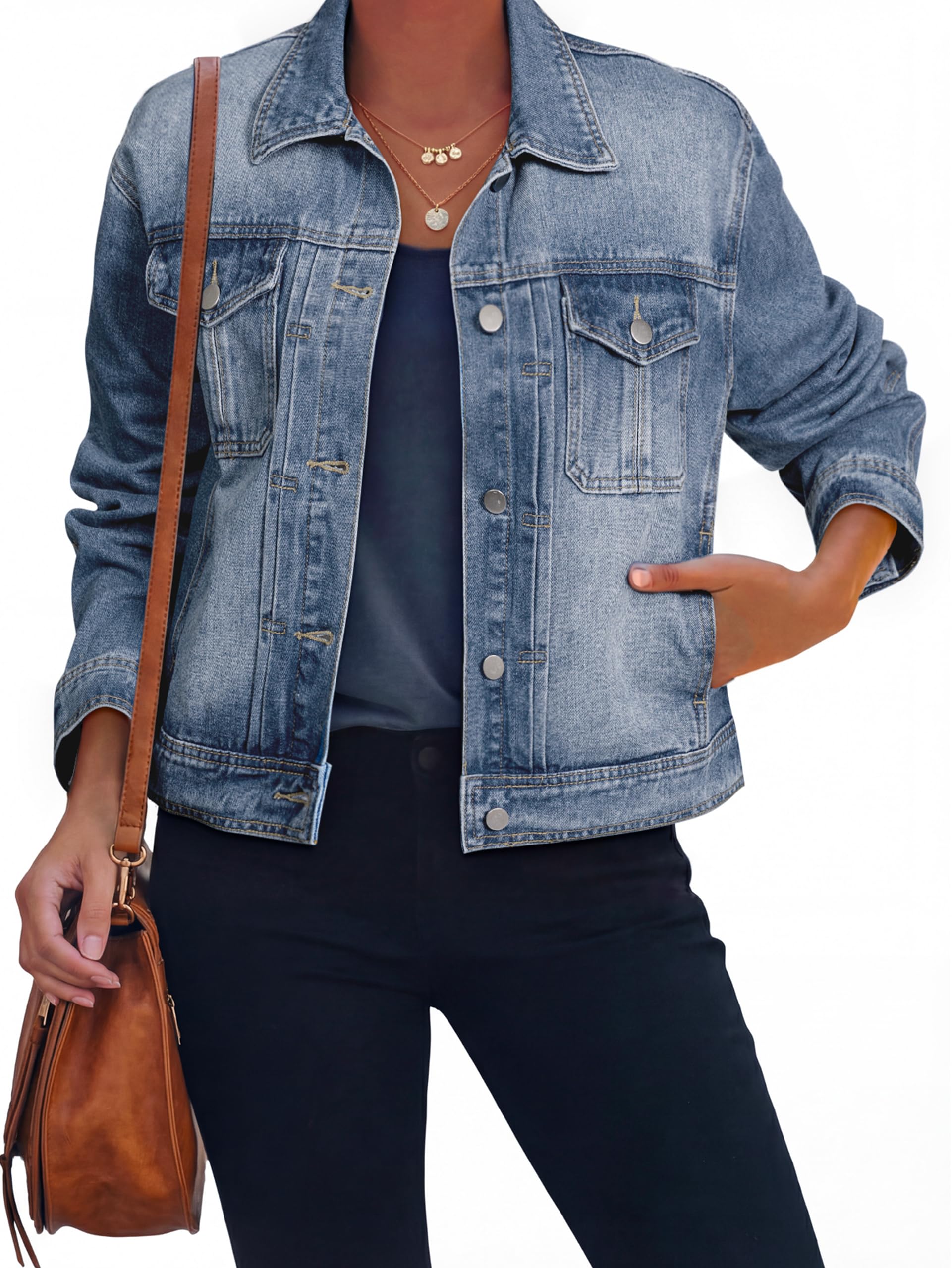 Glamaker Womens Jean Jacket 2026 Casual Basic Trendy Button Down Long Sleeve denim Jacket Coat With Pockets