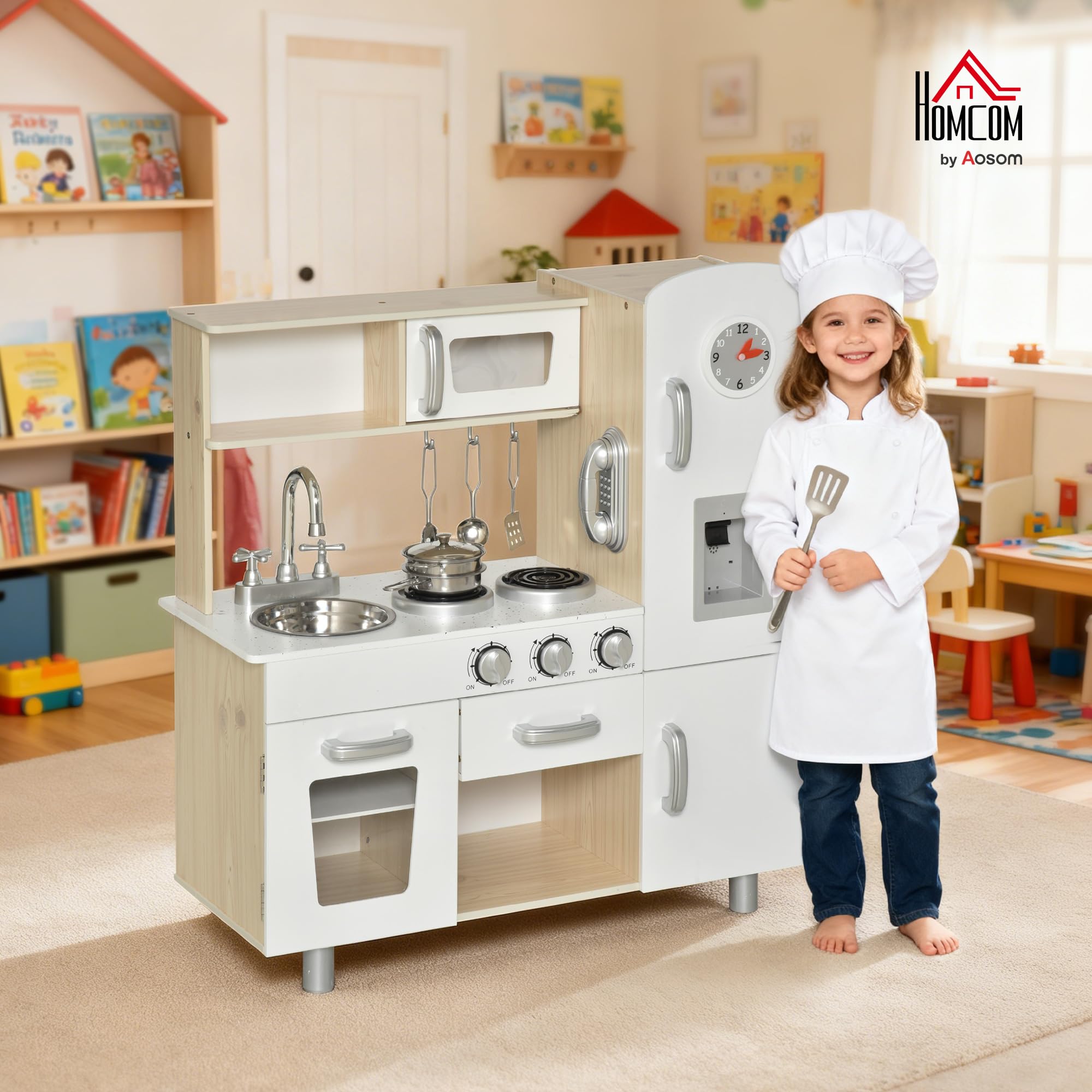 HOMCOM Cocina de Juguete de Madera con Fregadero, 74x30x81 cm Blanco | Cocina de Inducción y Microondas Simulados, Accesorios Incluidos, Cocina Infantil para +3 Años