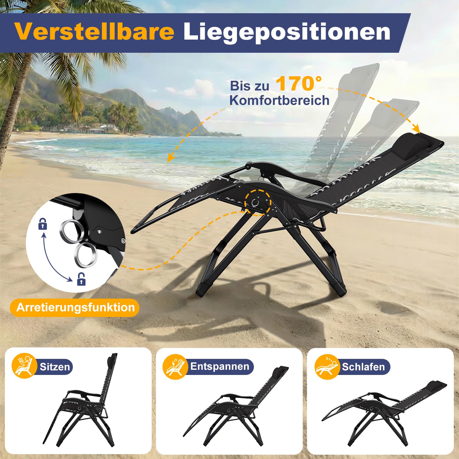 Dripex Sonnenliege Klappbarer Gartenstuhl mit Abnehmbarem Kopfkissen, Liegestuhl mit Verstellbarer Rückenlehne für Balkon, Terrasse, Einzelerpack oder Zweierpack (Schwarz Einzelerpack)
