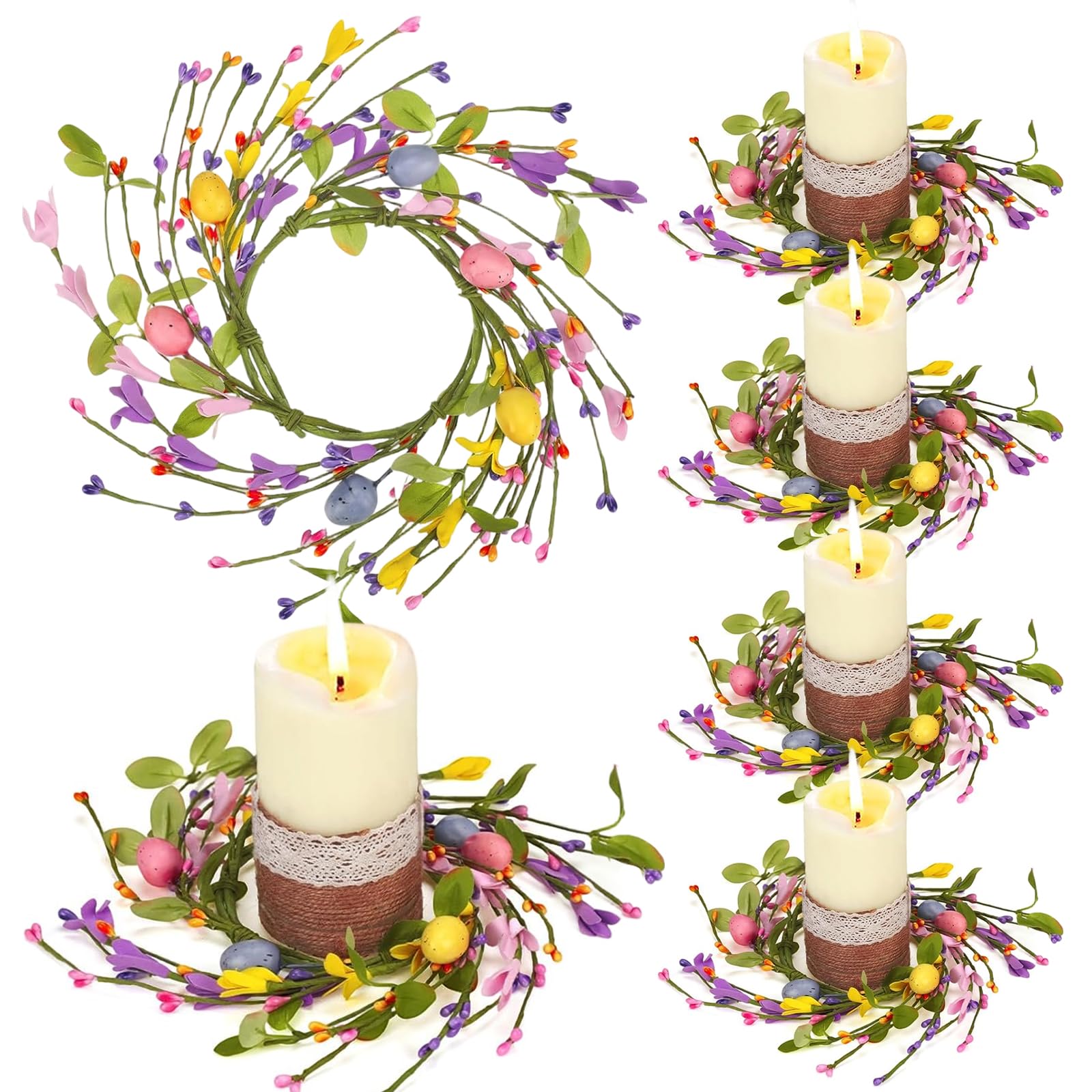 Pillar Candle Ring Wreaths Mini Purple Lavender Table Centerpieces Wreath 9 Inch Wreath for Cabinets Artificial Farmhouse Lavender Wreaths for Front Door Porch Wall Window (6, Easter-2)