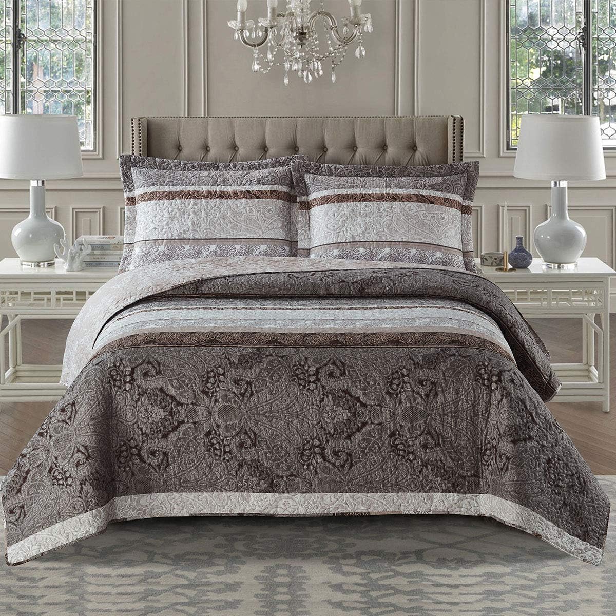 sheetsnthings 7PC King Size Bedding Set- Callisto Taupe Lightweight Quilt with Solid Ivory Microfiber Bed Sheets