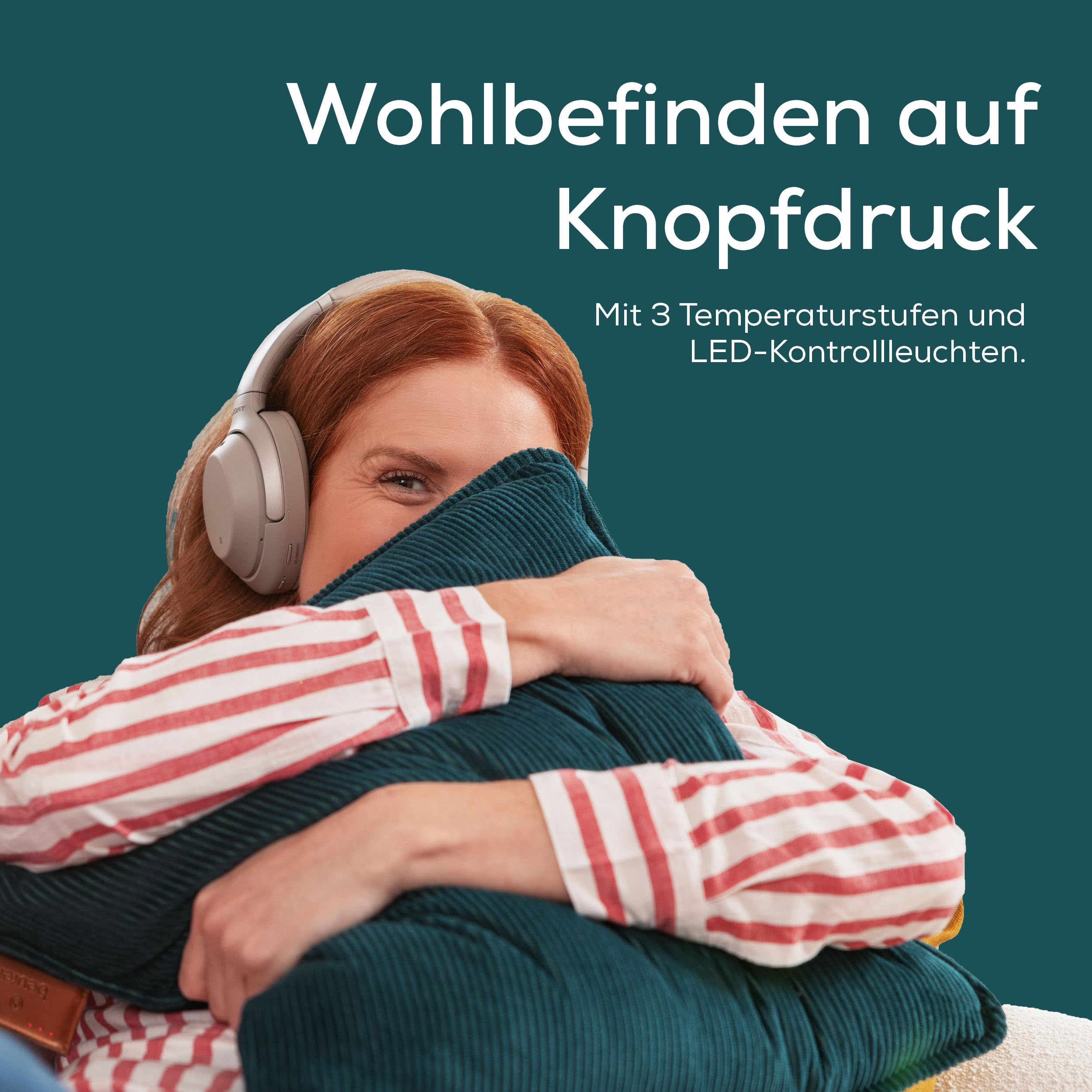 Beurer Heaty Heizkissen, kabelloses Heizkissen mit Akku, Wärmekissen mit Abschaltautomatik und 3 Temperaturstufen, mit Schnellheizung, weicher Cordstoff, dunkelgrün