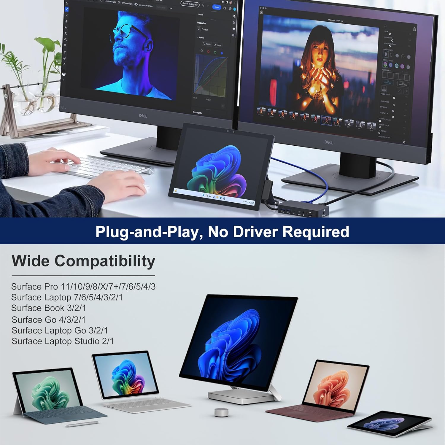 Surface Docking Station, 12-in-1 Triple Displays VGA +Dual HDMI Surface Dock, Surface Docking Station for Surface Pro 11/10/9/8/X/7/6/5/4/3, Surface Book, Surface Laptop, Surface Go Dock