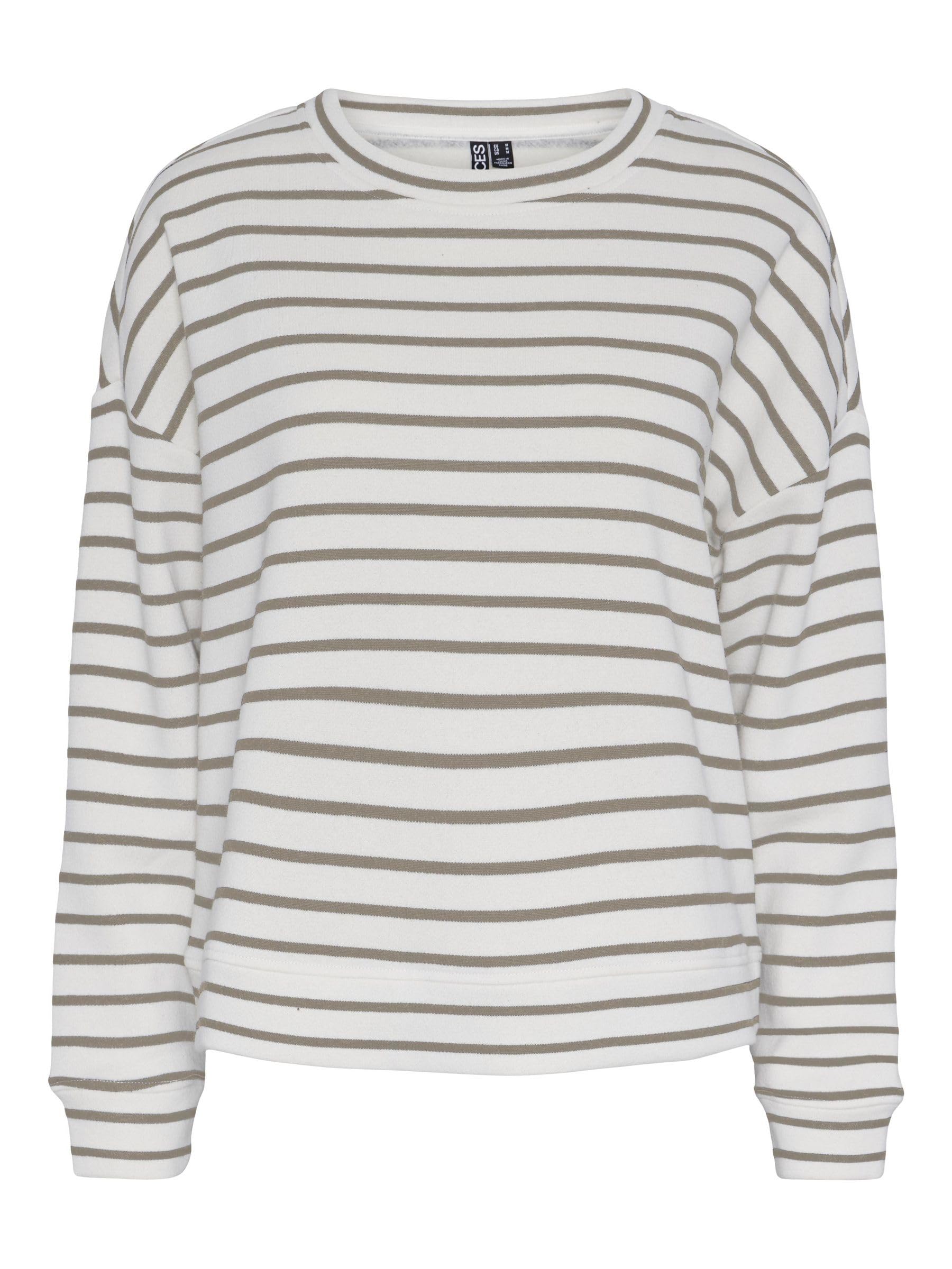 Pieces Women's Cloud Dancer/Stripes: Silver Mink Pcchilli Ls Sweat Stripes Noos Sweatshirt, L