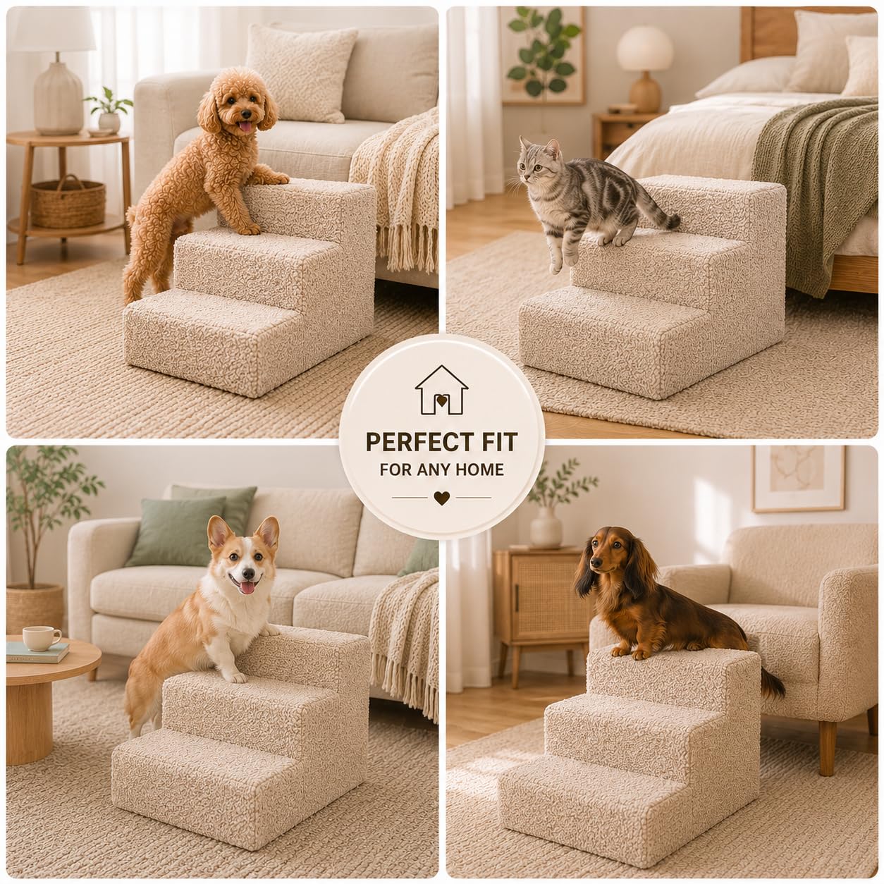 Muralo Escalier pour Chien 3 Marches 30 cm - Marchepied Antidérapant pour Petits Chiens et Chats, Jusqu’à 17 kg, Housse Bouclé Déhoussable et Lavable - Accès Facile au Canapé et au Lit (Beige)