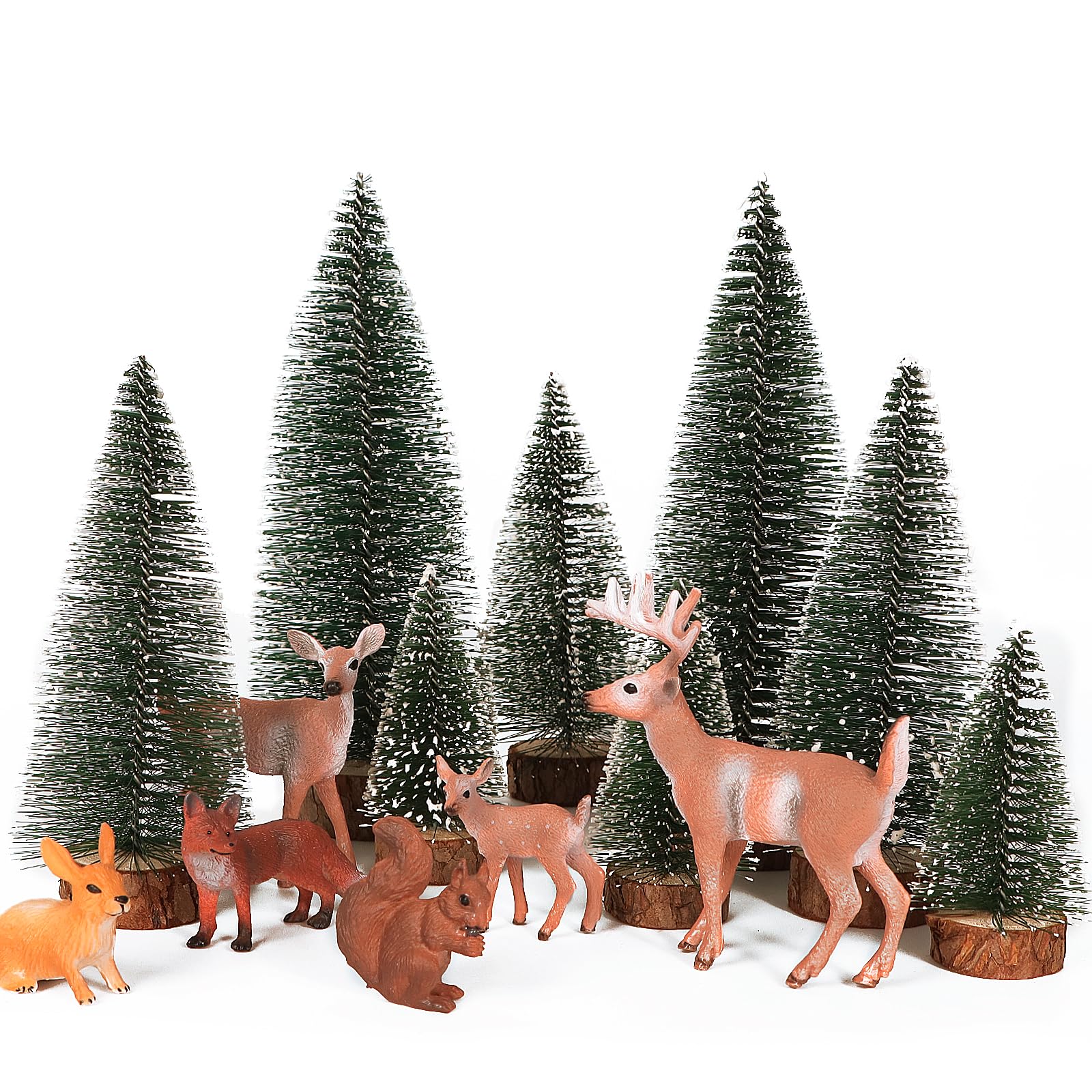 GEBETTER 14Pcs Miniaturas, 8* Mini Árboles de Navidad Pequeños + 6* Figuras Animales Bosque, Adornos Navideños, Decoracion Mesa Fiesta, Micro Paisaje Muñecos Regalo Niños (Verde)