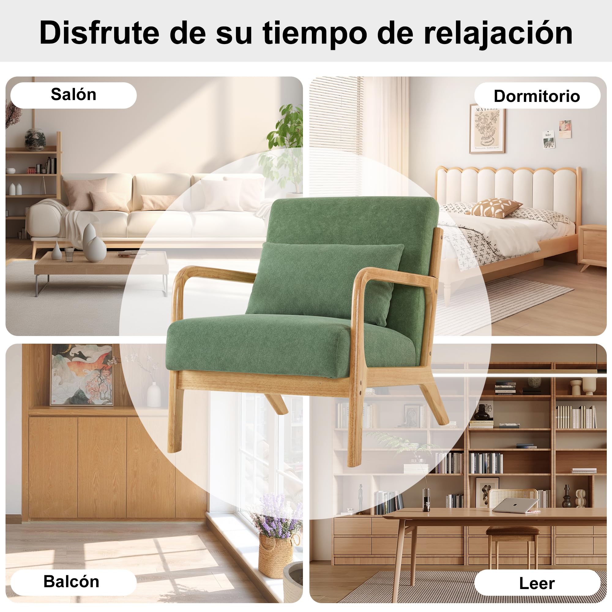 Butacas de Salon Sillon Relax con Cojín Lumbar, Sillones para el Salón Sillón Acolchado de Madera Maciza para Salón y Dormitorio, Sillón de Lectura para Espacios Pequeños Verde 1PC