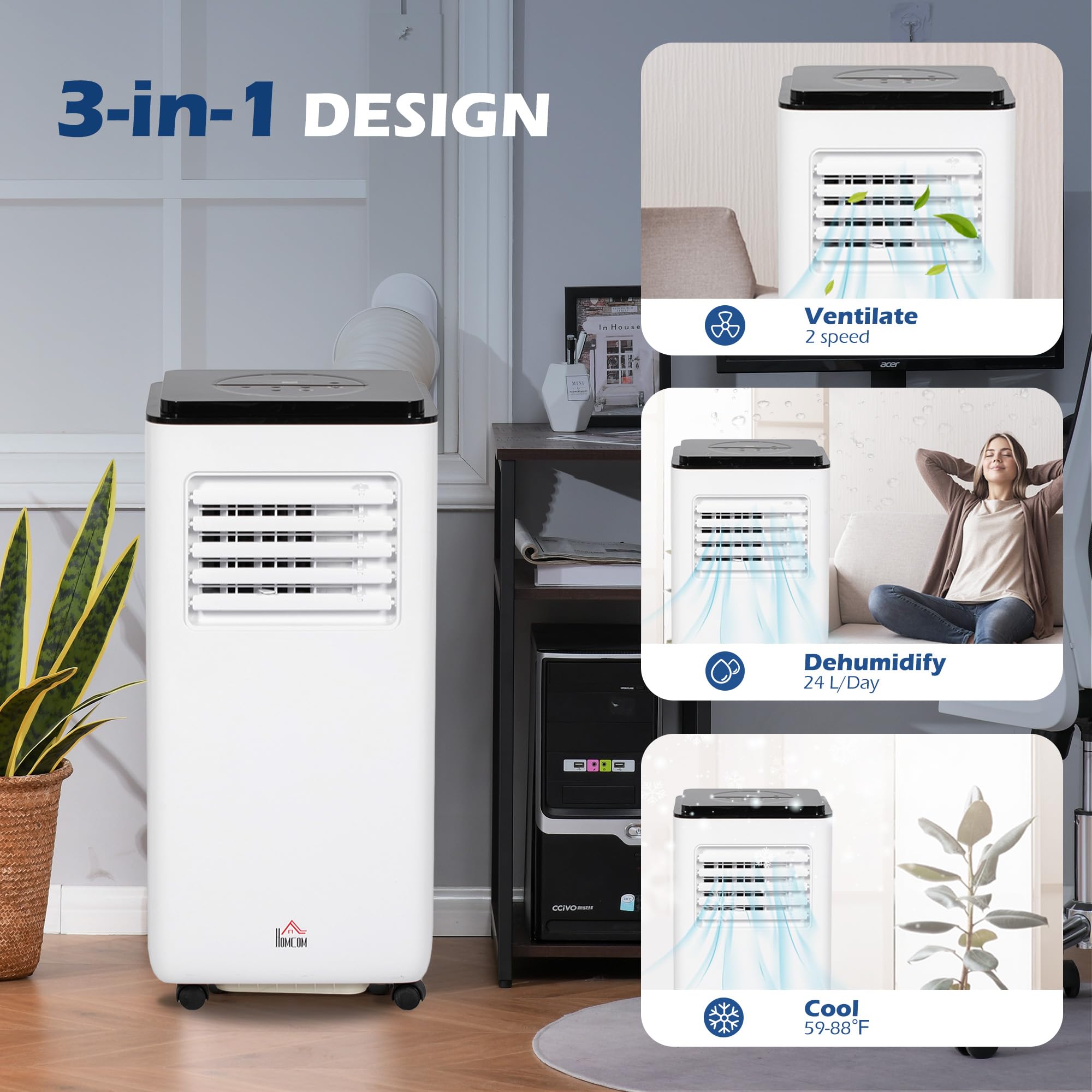 Aire acondicionado de 8000 BTU para habitaciones de hasta 345 pies cuadrados, unidad de CA 5 en 1 con ventilador de refrigeración, deshumidificador, automático, apagado y control remoto 3
