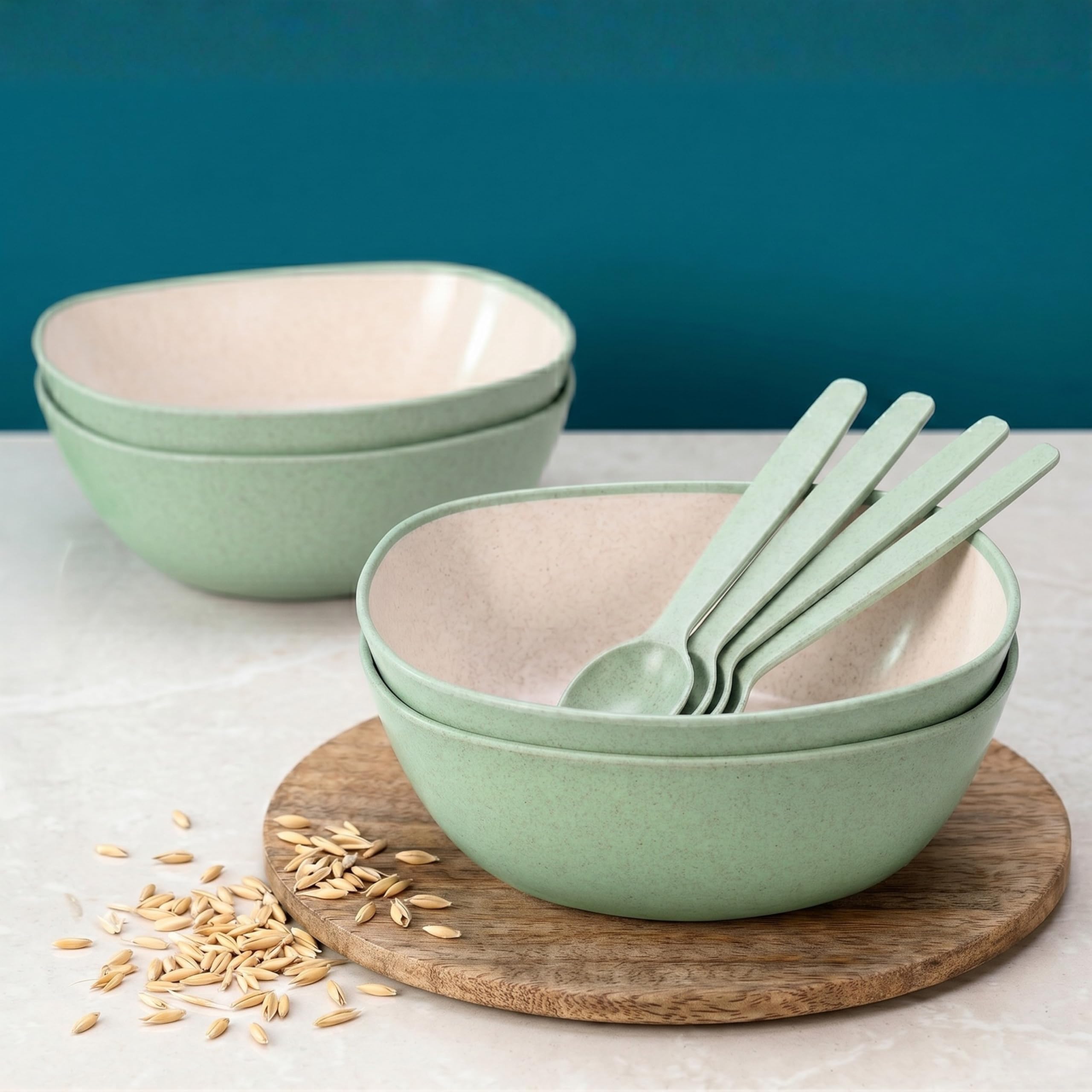 Eha Set of 4 Earth-Friendly Multipurpose Bowls for Kitchen | 600 ml | Made with Bamboo Fibers & Rice Husk | Microwave Safe Bowl | for Hot & Cold Serving Bowl Set | Celeste