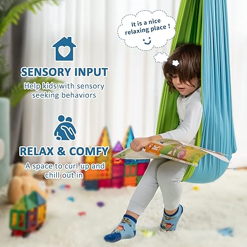 Vista 2 de OUTREE Columpio sensorial, columpio de terapia de doble capa con colgador giratorio de 360°, columpio sensorial curativo y relajante para niños