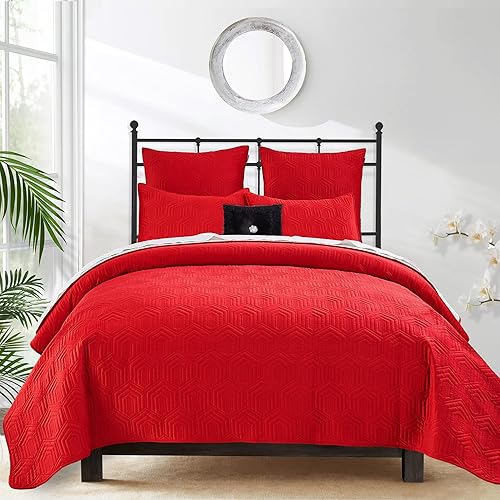 Miniatura 7 de Querencia Juego de edredón de terciopelo de lujo tamaño Queen, edredón beige tostado, edredón geométrico acolchado, colcha bordada, ropa de cama