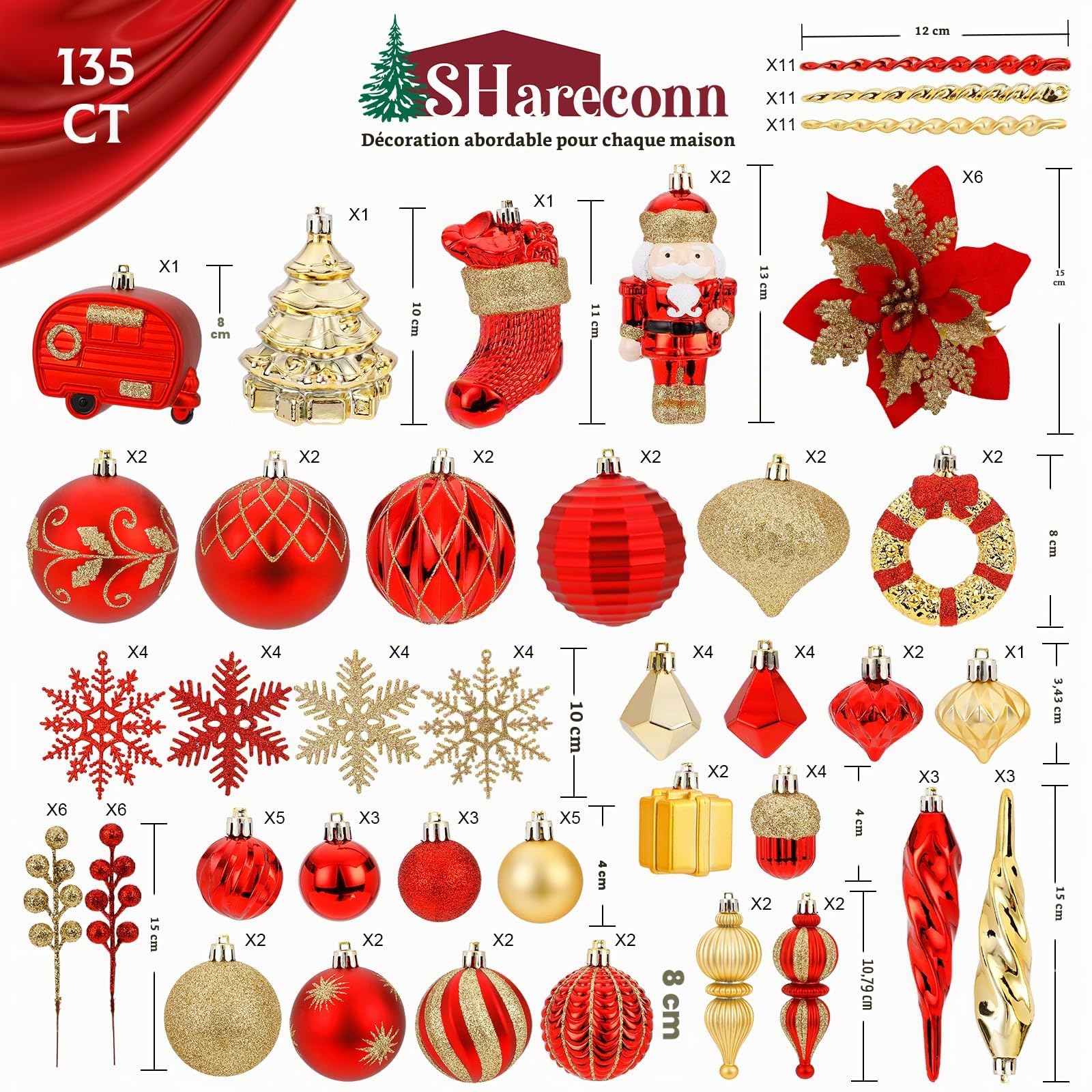 SHareconn Lot de 135 Boules de Noel, Boules de Noël en Plastique Incassable, Décorations Sapin de Noel, pour Decoration Noel Extérieur ou Intérieure, Décorer Sapin de Noël (Rouge et Or)