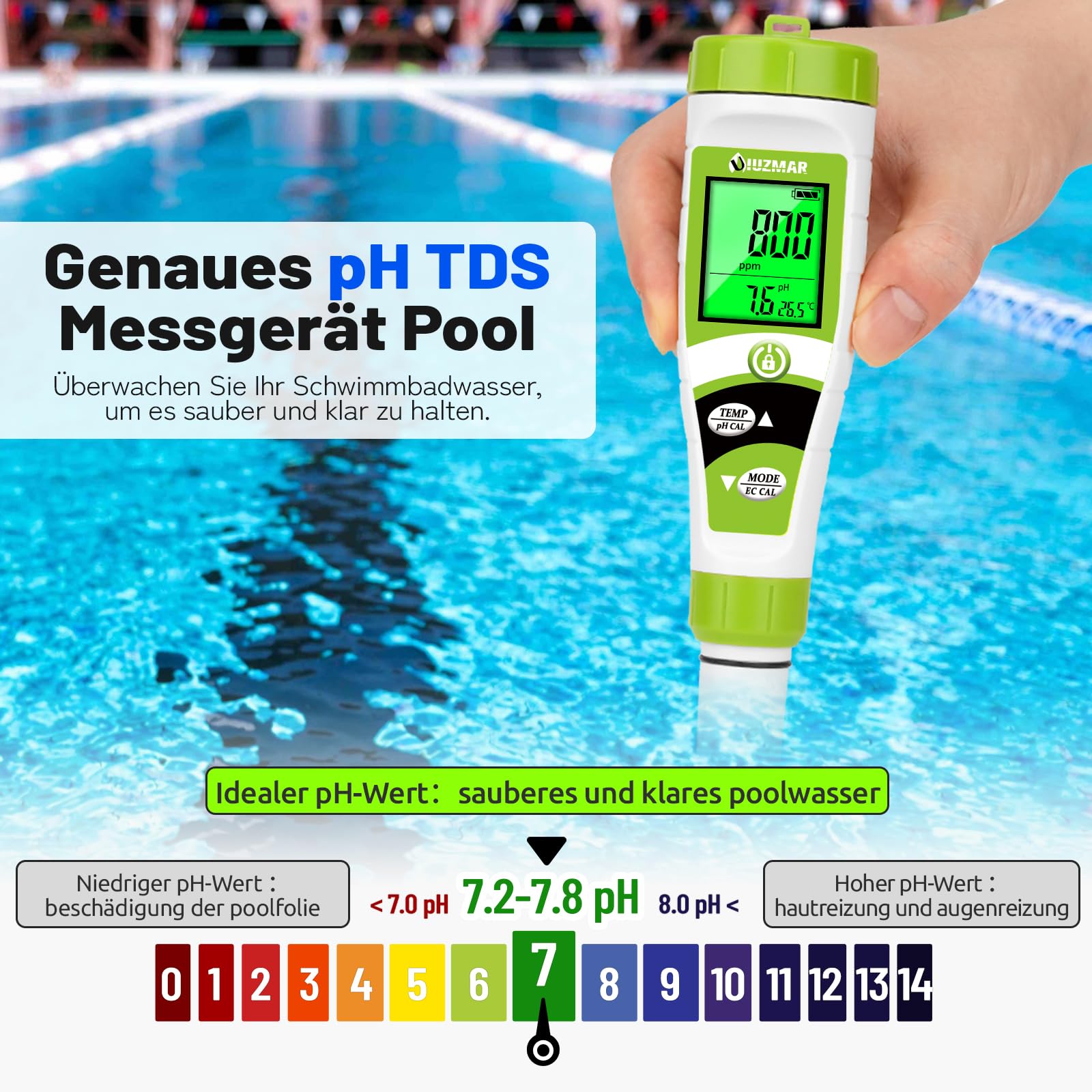 UIUZMAR Miernik pH PPM Basen, EC TDS hydroponiczny miernik pH | Cyfrowy, z roztworem kalibracyjnym pH 7.0, do basenu, spa, hydroponiki, wody pitnej, akwariów