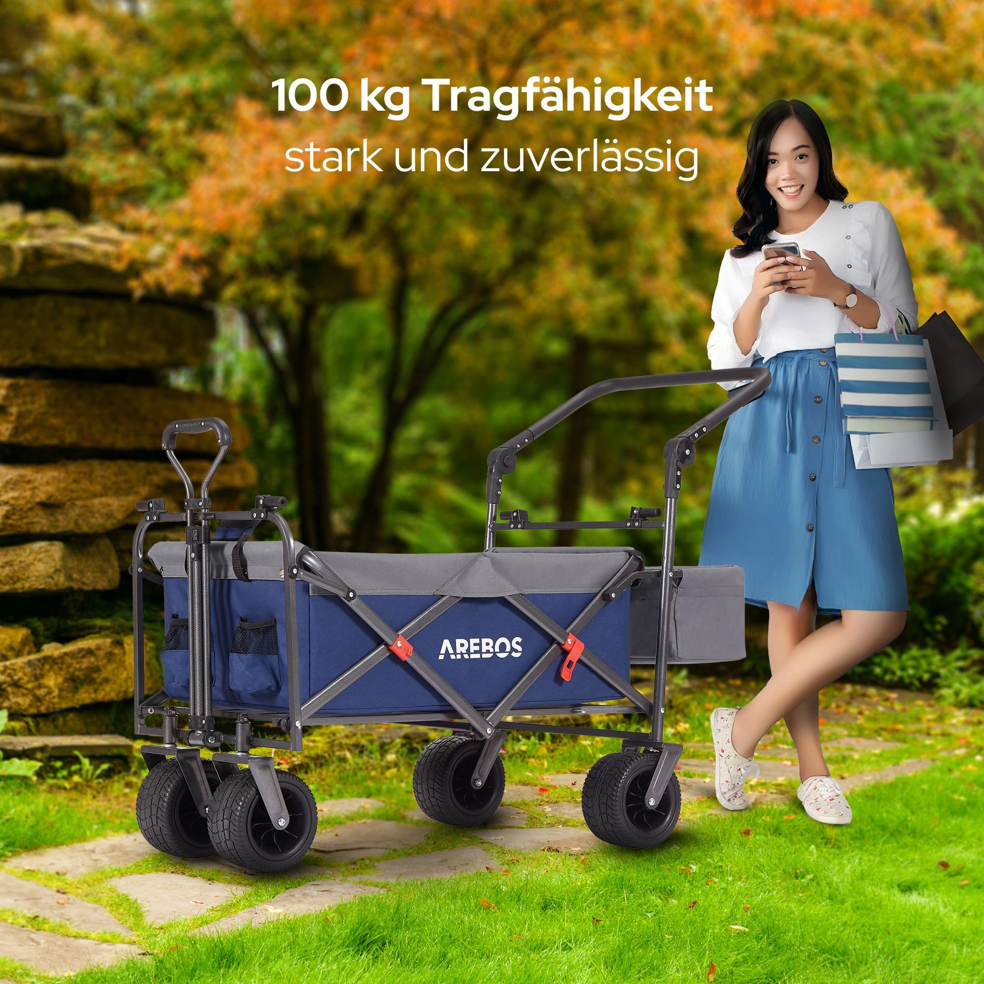 Arebos Bollerwagen faltbar mit Dach | Luxus Handwagen | Faltwagen | Transportwagen | XXL Tasche | klappbar | bis 100 kg | Gerätewagen | 360° Vorderräder | Blau