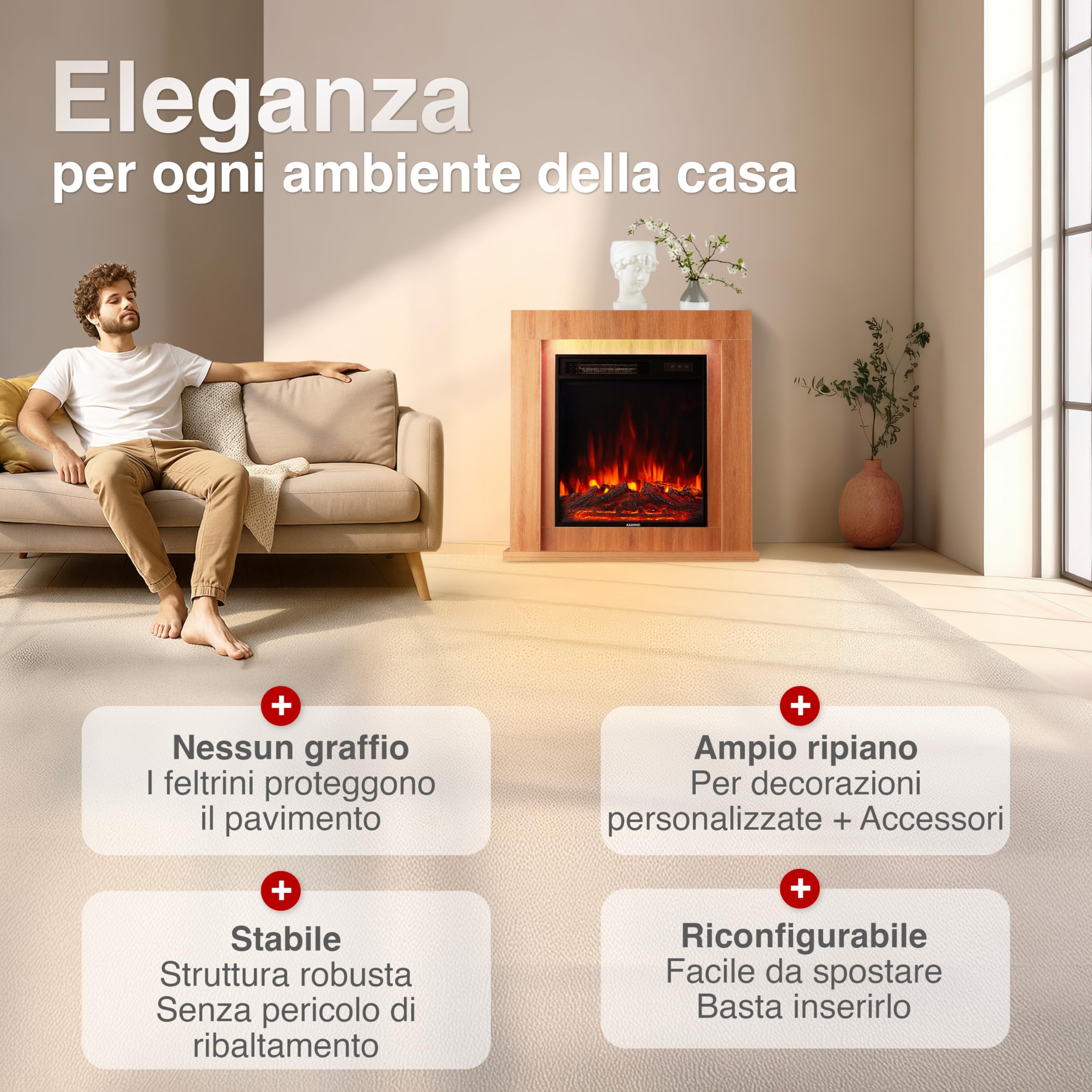 KAMINIO Camino elettrico Matti - Caminetto da pavimento con riscaldamento, effetto fiamma 3D, luce ambiente a LED, telecomando - 32 pollici (Querica)