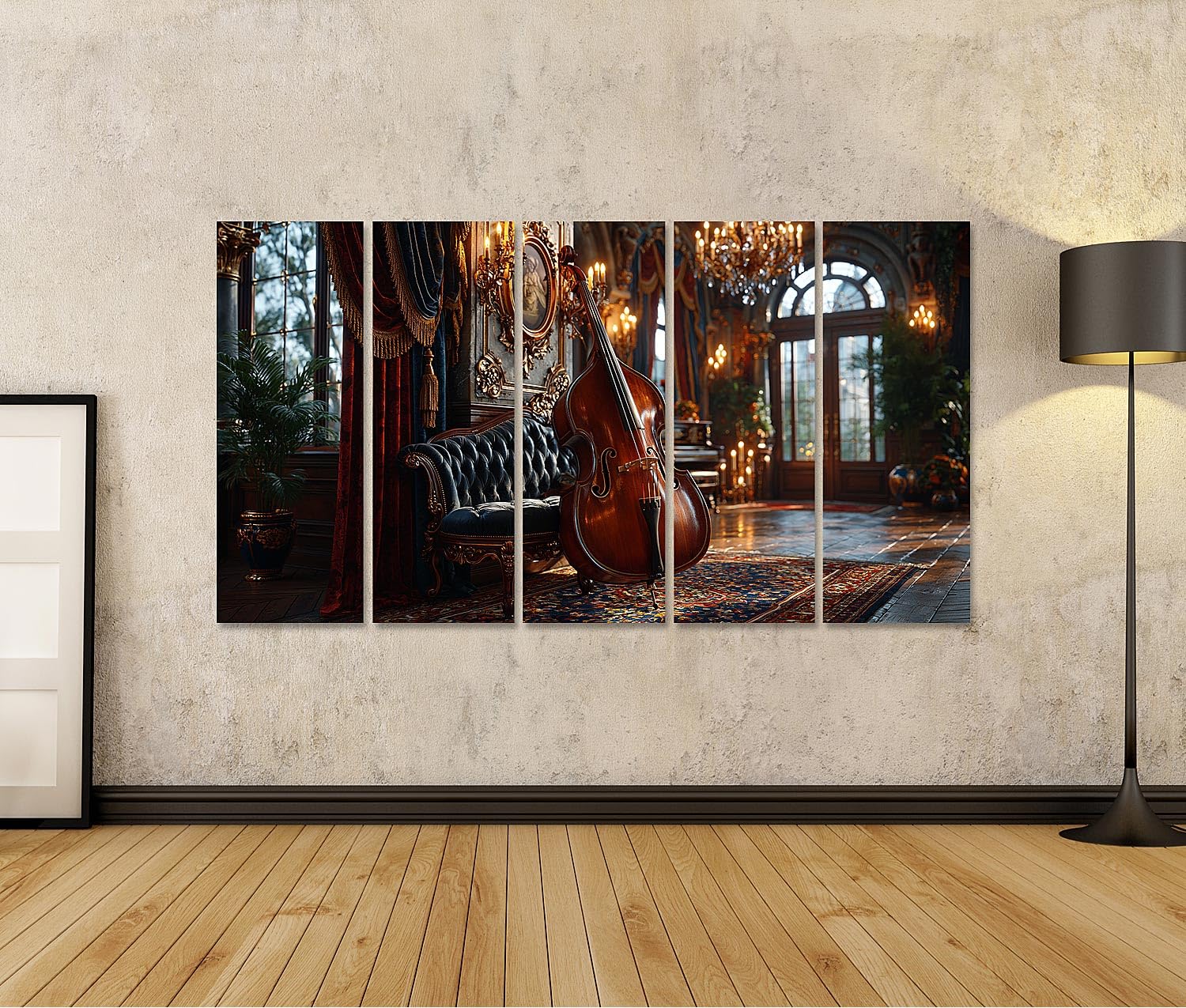 islandburner Cuadro sobre lienzo elegante de contrabajo impresión artística para sala de estar para amantes de la música – 5 piezas XXL – Edición W1