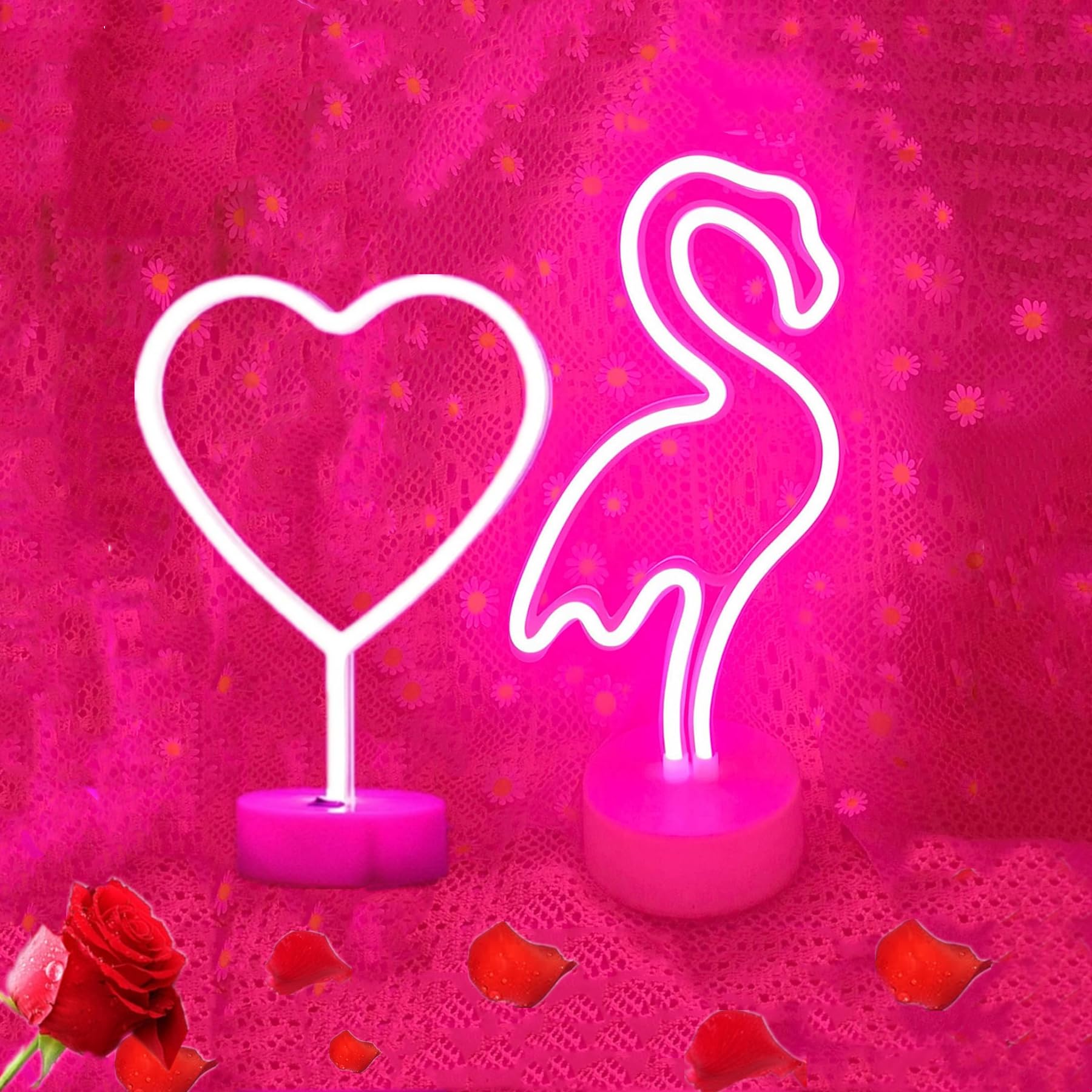 HFHungkeong 2Pack Pink Valentines Day Led Flamingo Heart Neon Signs for Teen Girls Women Room Dorm Book Shelf Decor,Tabletop Neon Night Light up Lamp Sign for Kids Daughters(Battery Powered) — image 1