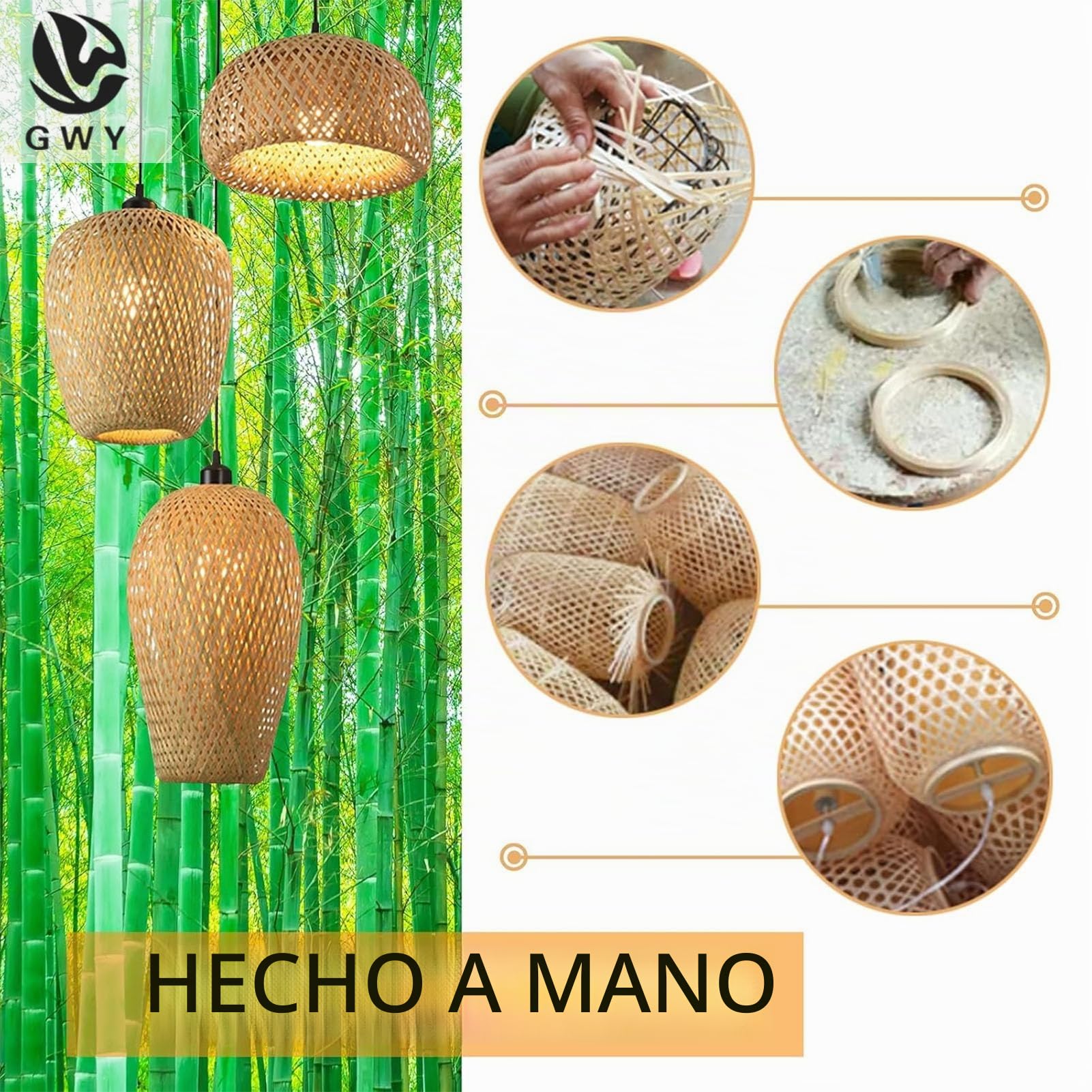 Lámpara de techo colgante de bambú, estilo retro japonés, E27, lámpara de techo colgante, para sala de estar, dormitorio, restaurante, cafetería, bar, comedor o club (3 luces de cabeza)