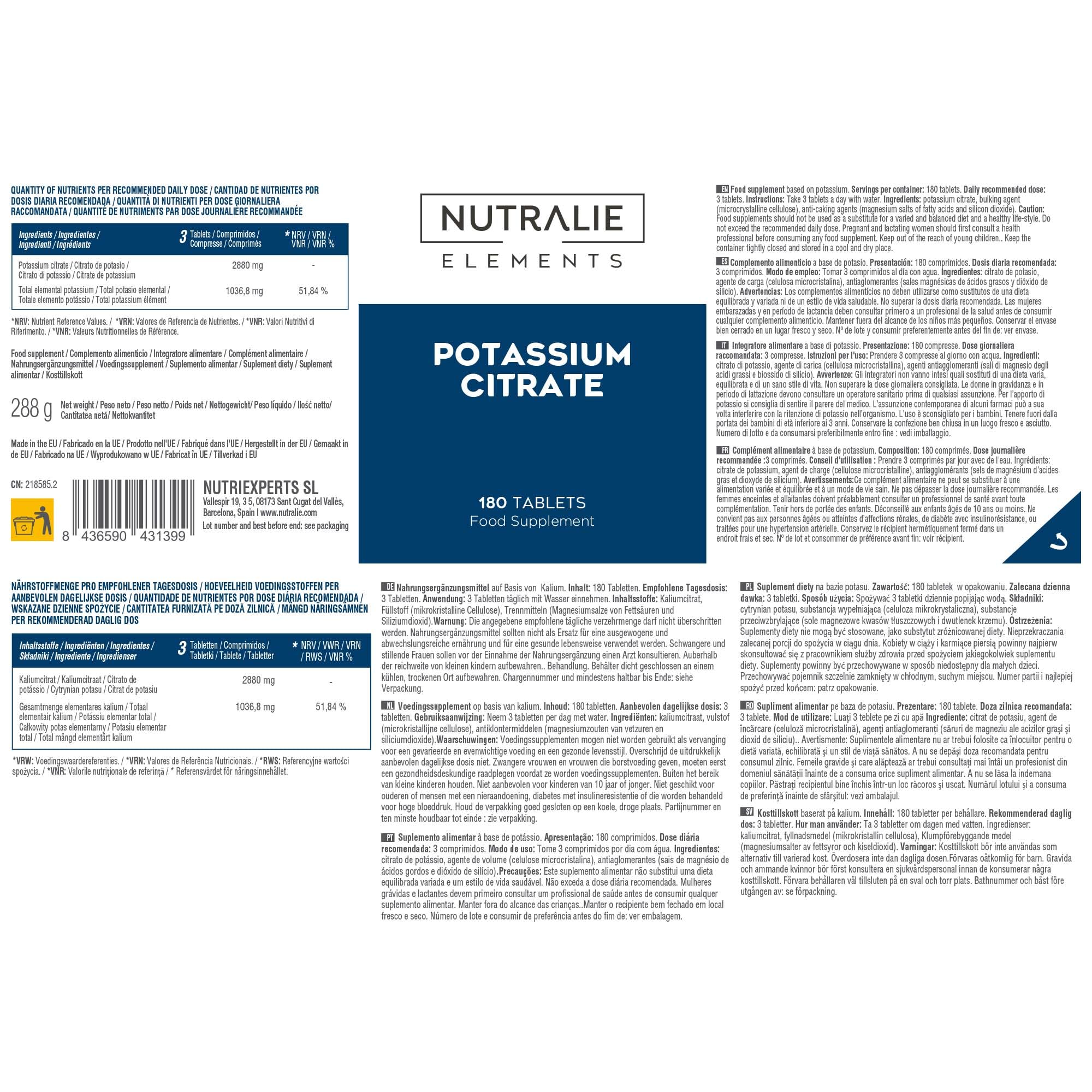Potassio - Citrato di Potassio - 2880mg - 180 Compresse - Muscolo - Elemento Potassium +1000mg - Citrato di Potasio - 180 Compresse Nutralie
