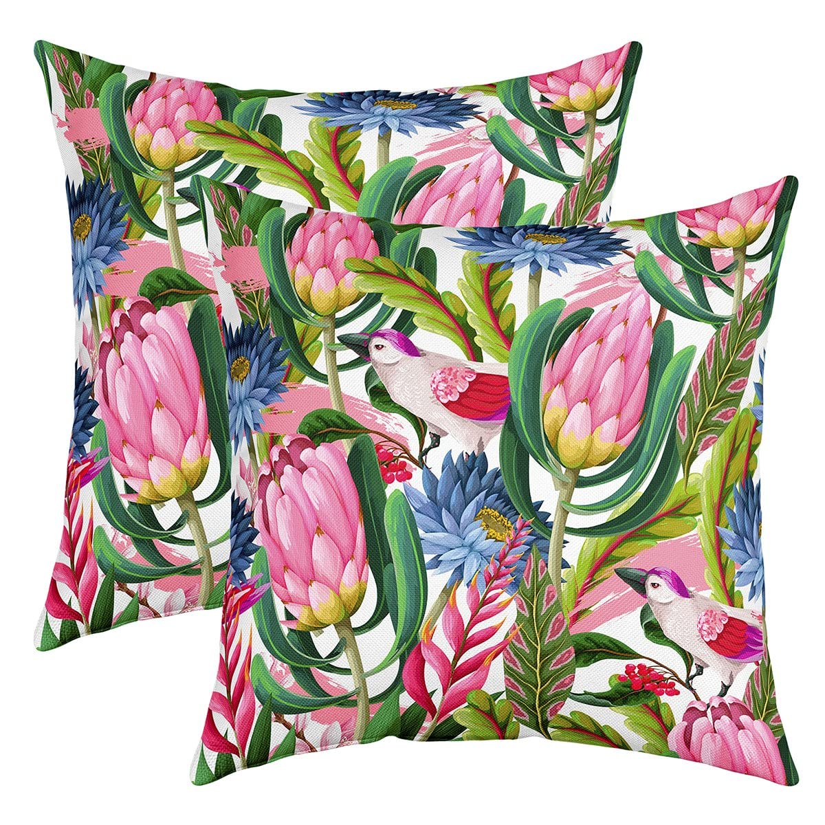 Richhome Multi 5 Watercolor Protea Pillow Cover 24X24 Inch Tropical Africa Flower Palm Leaf Square Throw Pillow Cover For Bedroom Decor Hand Painted Bird Rustic Animal Decorative Reversible Print Cushion Cover