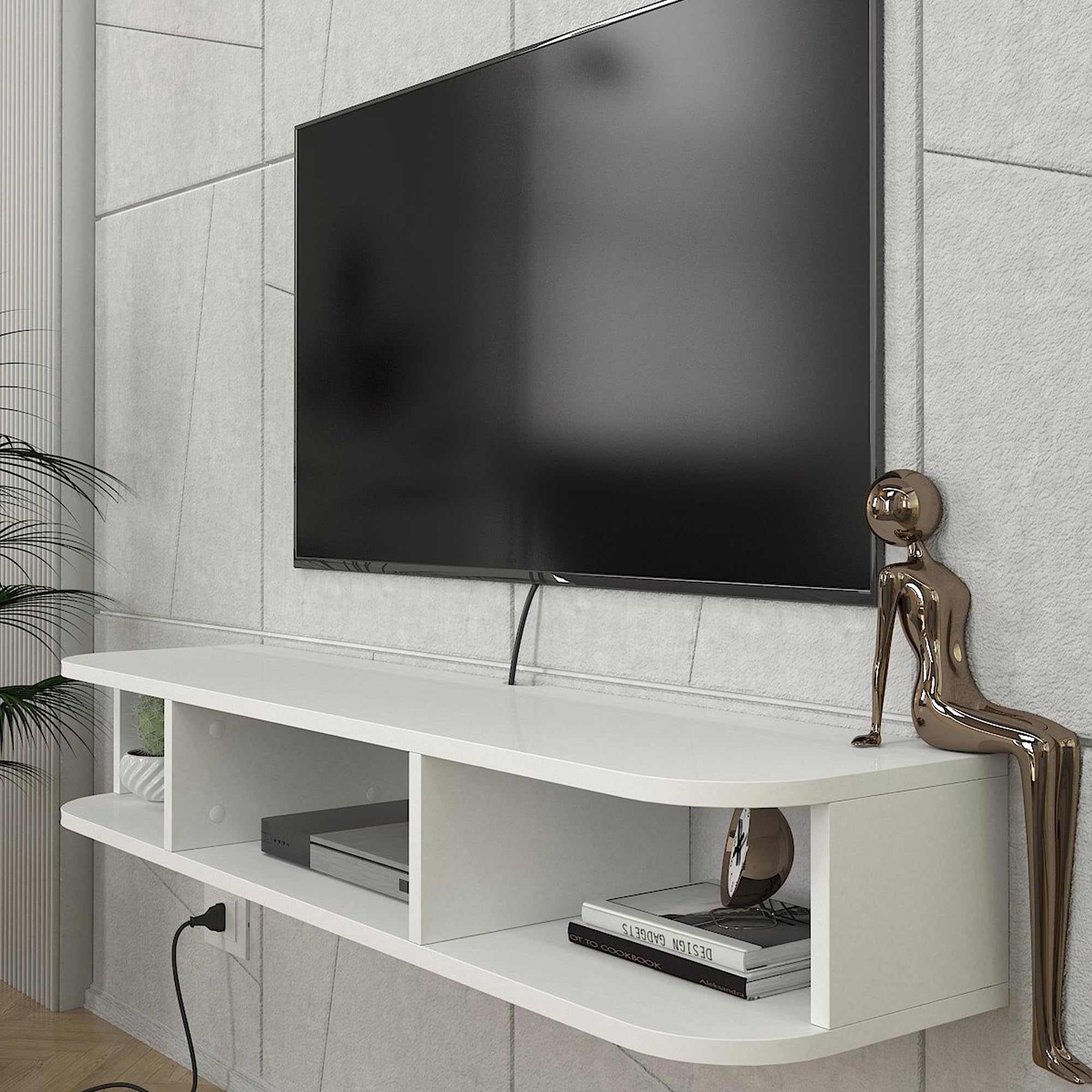 [en.casa] Mobile Porta TV Sospeso con 3 Vani Portaoggetti Scomparti Aperti Mensola da Parete Stand Multimediale con Passacavi 120 x 30 x 19 cm per Soggiorno - Bianco