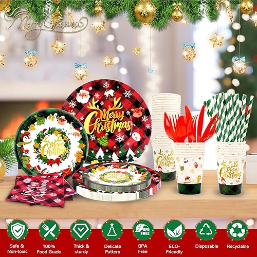 Miniatura 3 de BYMIOYA Juego de vajilla de papel desechable de Navidad de 192 piezas, platos de cena y suministros de fiesta a cuadros rojos y verdes con detalles