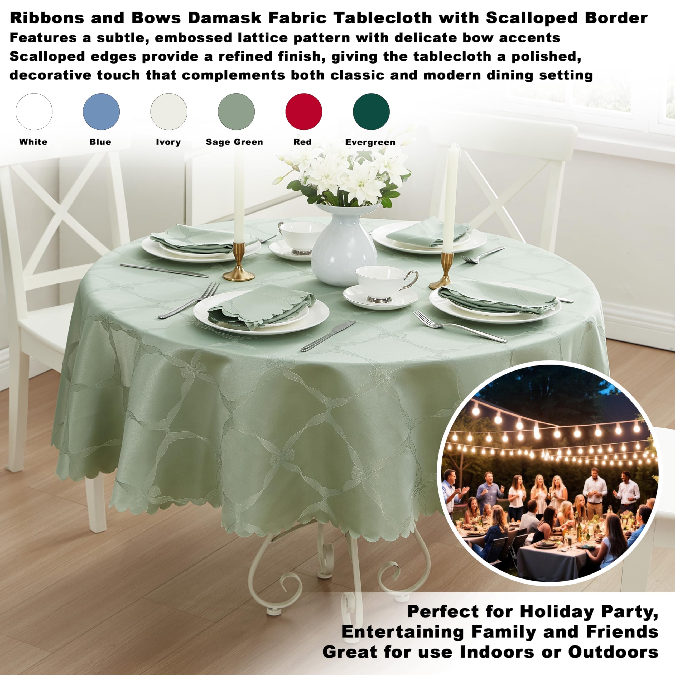 Newbridge Ribbons and Bows Damask Fabric Tablecloth, 70 Inch Round – Wrinkle and Stain Resistant Table Cover for Dining, Parties, and Holidays, Sage