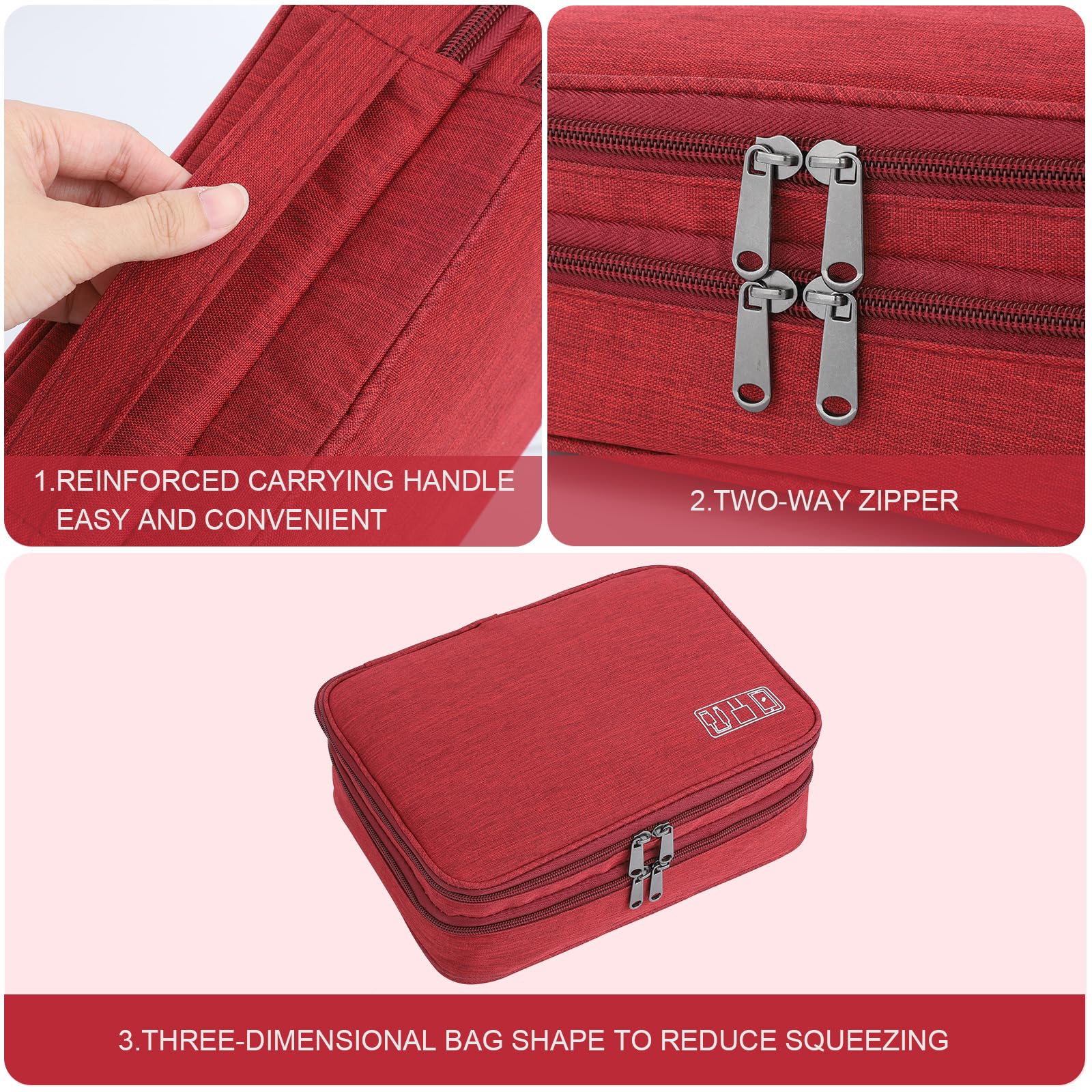 AiQInu Organizer Na Kable Torba Podróżna Wodoodporny Przenośny Organizator Na Kable Do Ładowarki, Pamięci USB, Słuchawek, Powerbanku, Dysku Twardego, Karty SD, Czerwone WinO - 3 Warstwy