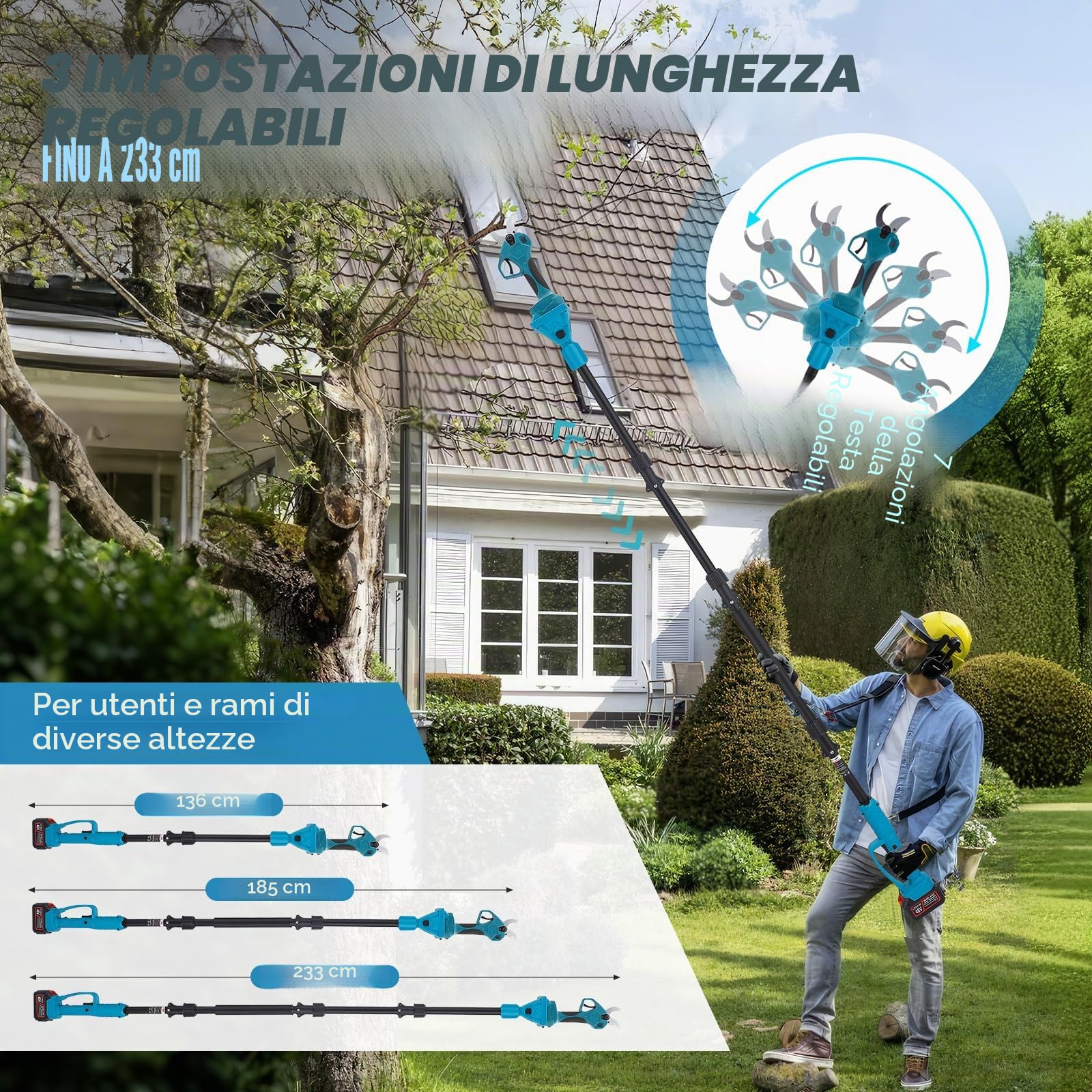 Forbici Potatura a Batteria con Asta,Con asta telescopica da 233 cm Due batterie da 3000 mAh Lama in Acciaio al Carbonio SK5 per Rami Alberi Giardini Electric Pruning shears