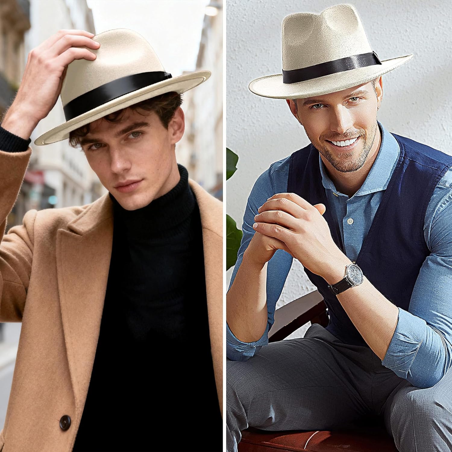 BABEYOND 1920s Fedora Hat for Men Gatsby Wide Brim Fedora Hat Felt Panama Cap with Band for Women Men - Image 2