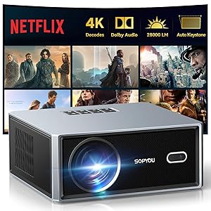 Netflix Smart Projector with WiFi and Bluetooth, SOPYOU Outdoor Movie Projector 4K with Apps Max 450", Electric Focus & Auto Keystone, Built-in Netflix/YouTube/Prime Video