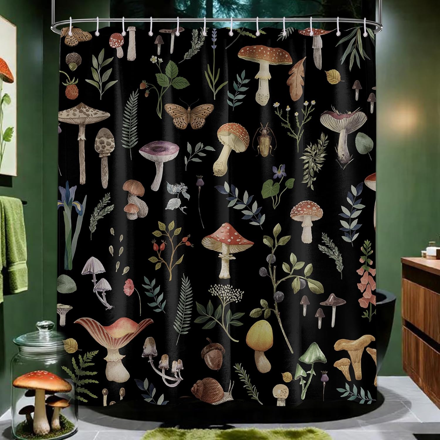 Vintage Mushroom Shower Curtain Dark Cottagecore Whimsical Shower Curtains for Boho Bathroom Decor Sets, Waterproof Cloth Fabric with Hooks, 70 X 84 Inch
